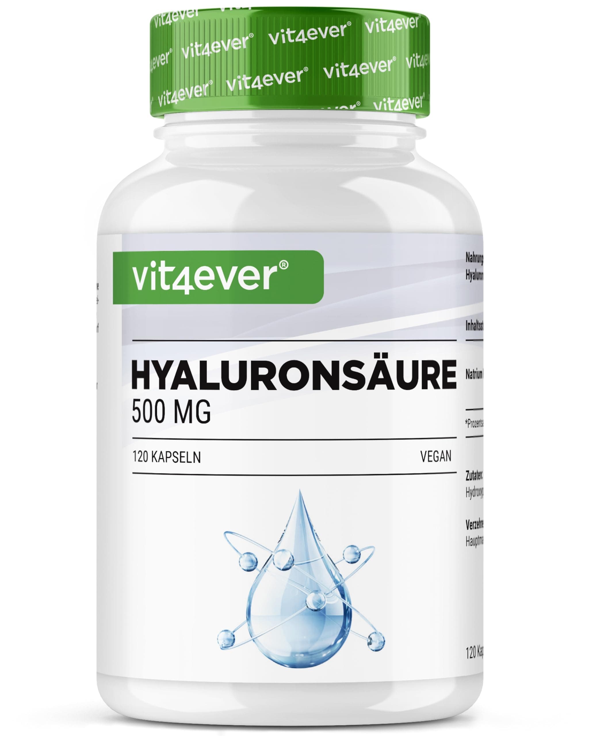 vit4ever Hyaluronsäure - 120 Kapseln mit 500 mg Hyaluron für 4 Monate - 500-700 kDa - Aus pflanzlicher Fermentation - Ohne unerwünschte Zusätze, hochdosiert, vegan