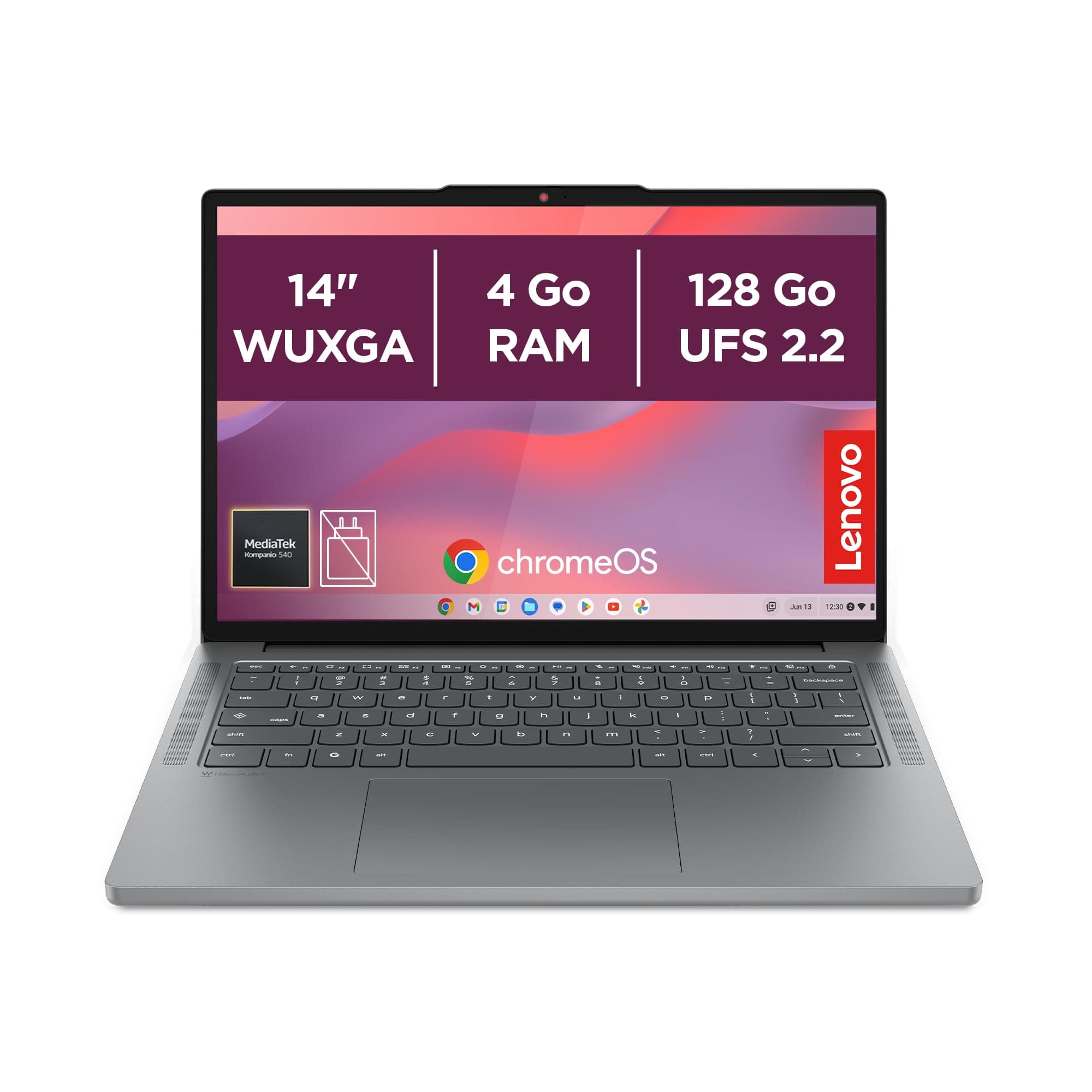 Lenovo Chromebook 14M8911 - Ordinateur Portable 14'' WUXGA (MediaTek Kompanio 540, RAM 4Go, SSD 128Go, Arm Mali-G57 MC2 GPU, Chrome OS) Clavier AZERTY Français - Gris Luna
