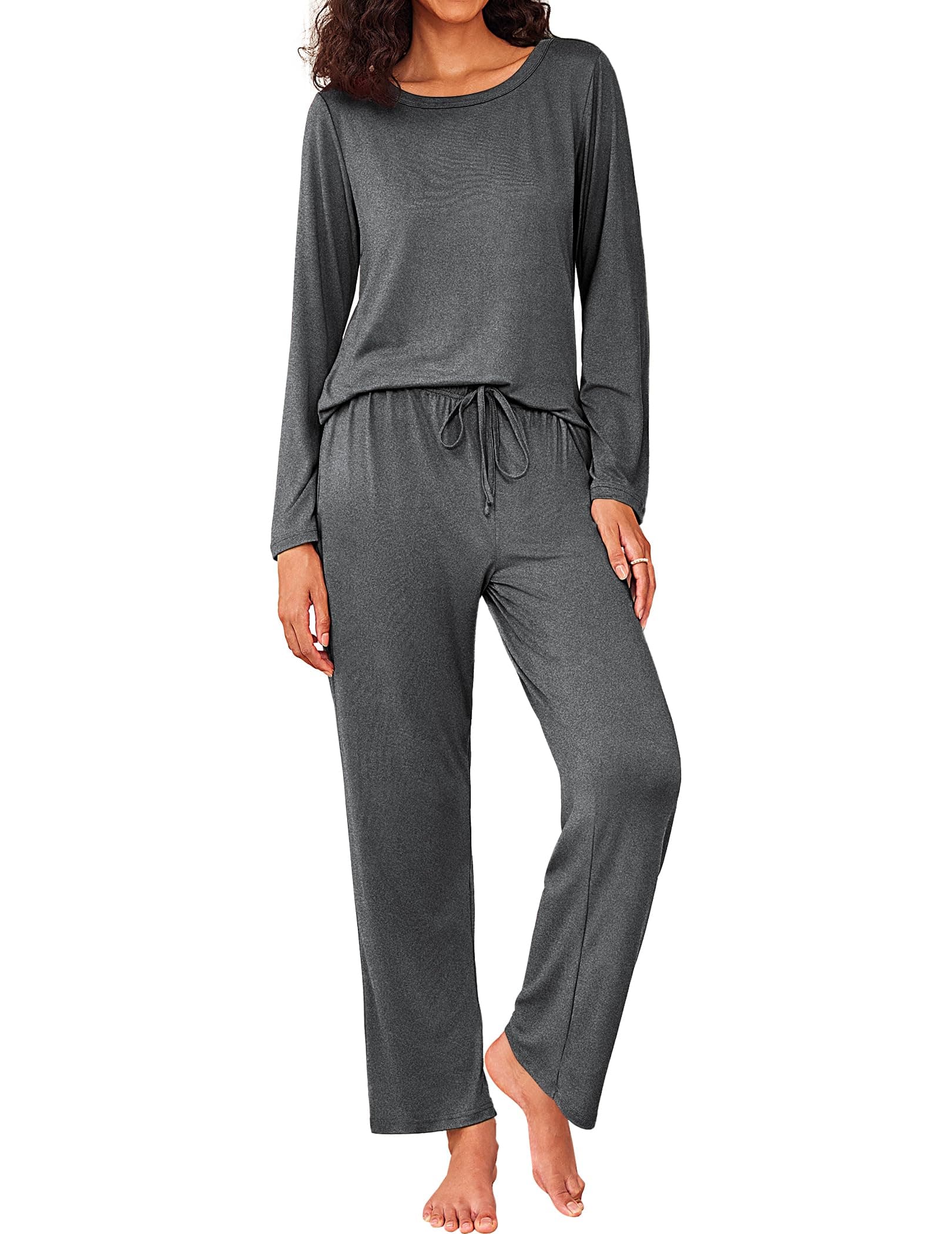 Ekouaer Schlafanzug Damen Lang Zweiteiliger Pyjama Set Rundhals Sleepwear Oberteil und Pyjamahose S-XXL