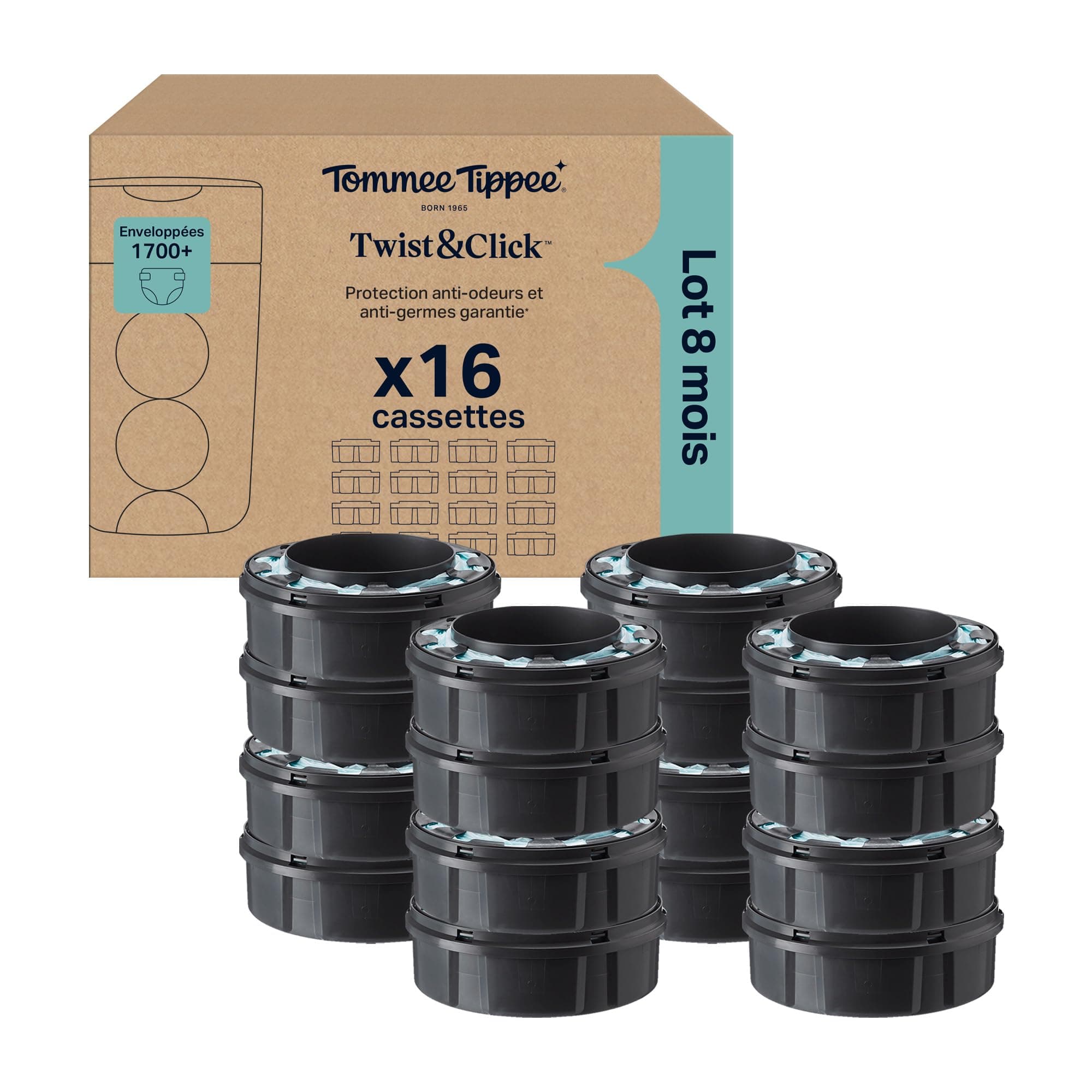 Tommee Tippee Cassettes de recharge originales Poubelle à couches Twist and Click Advanced, Lot exclusif de 16, 10,5 m, Recharge facile et grandes économies, 16 X 10,5 m