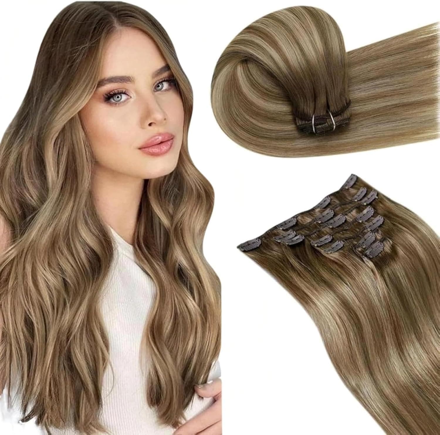 LaaVoo Extension Capelli Veri Clip 55 cm 120g 7pcs Marrone Scuro a Biondo Scuro Highlight Extension Clip Capelli Umani Lunghi Lisci Invisibile #8/16/8