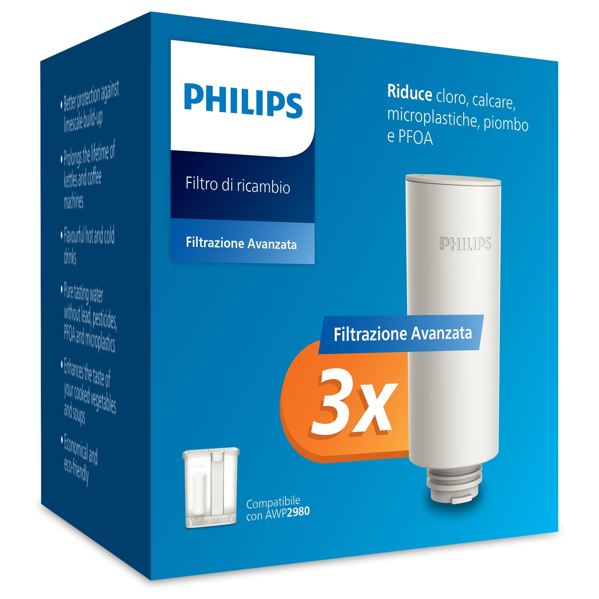 Philips Water Cartuccia filtrante istantanea – Filtrazione Avanzata, confezione da 3 pezzi, riduce CLORO, PIOMBO, PESTICIDI e MICROPLASTICHE, flusso rapido 1 L/min