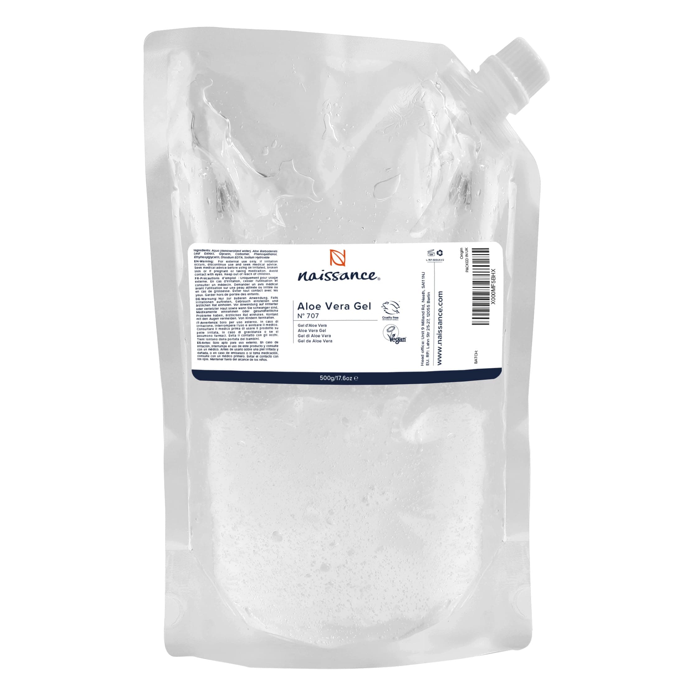 Naissance Aloe Vera Gel (Nr. 707) 500g EKO-Nachfüllbeutel - Kühlend, Beruhigend und Feuchtigkeitsspendend, Aftersun, für Alle Hauttypen, Gesicht, Körper und Haare - Grausamkeitsfrei und Vegan