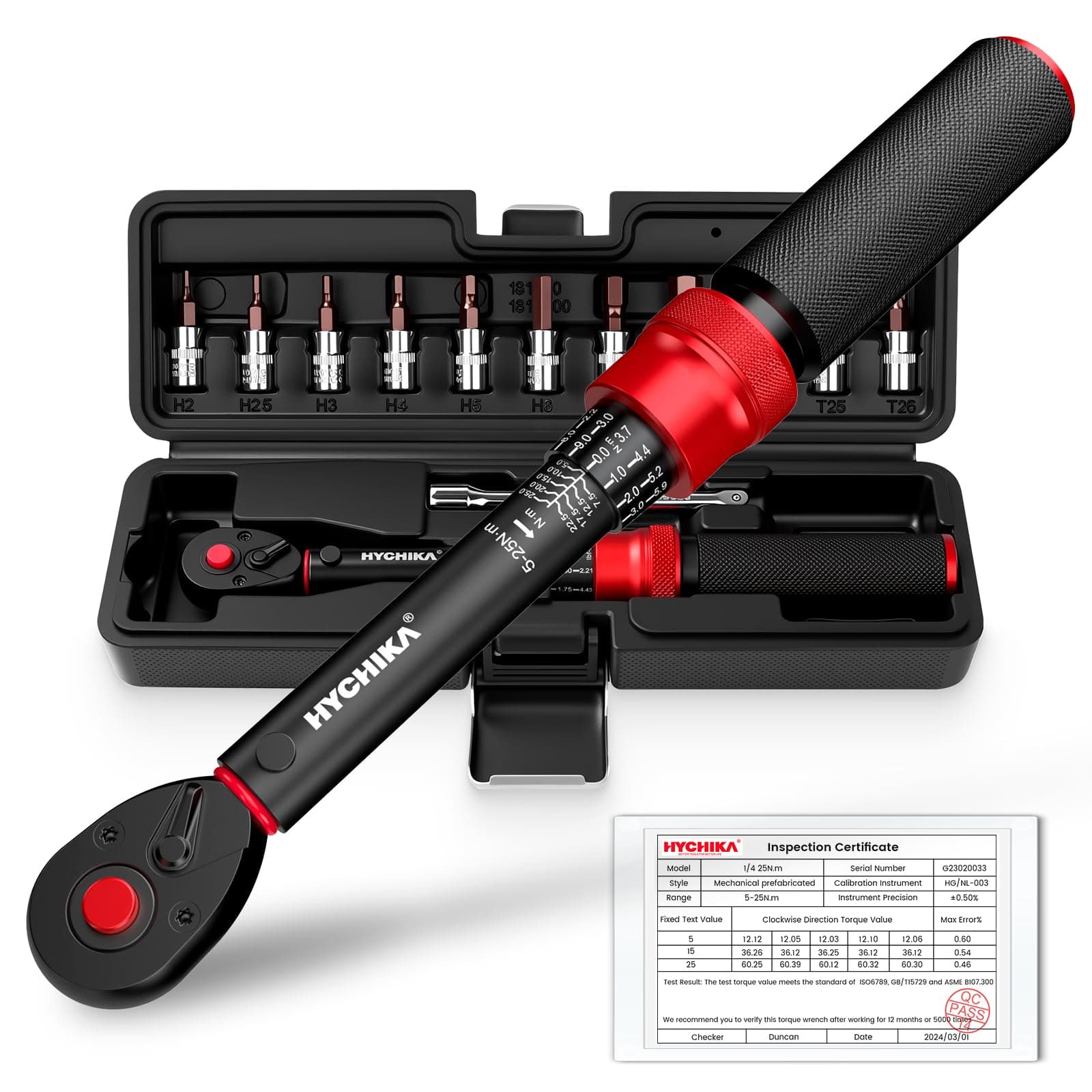 HYCHIKA Kit de 13 Clés Dynamométriques 1/4" 5-25Nm, Précision ±2%, Set Clé Dynamométrique Velo 72 Dents avec Prolongateur, Embouts et Boîtier de Rangement