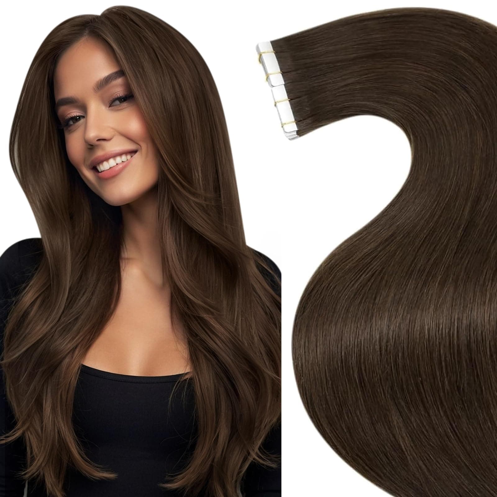 LaaVoo Extension Capelli Veri Biadesivo 20pz Marrone Cioccolato Extension Biadesive Umani Lisci Remy Extension Adesive Capelli Veri Invisibile 35cm 40g #4