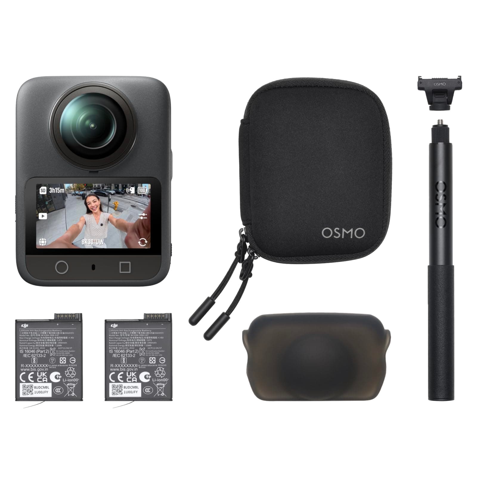 Pack Esencial dji Osmo 360, cámara 360 con Imagen 360° de 1 Pulgada, Video 360° en 8K Nativo, Video 4K/120 fps y 170° Boost, Kit de Palo de Selfie Invisible de 1.2 m, batería extendida con 2 baterías