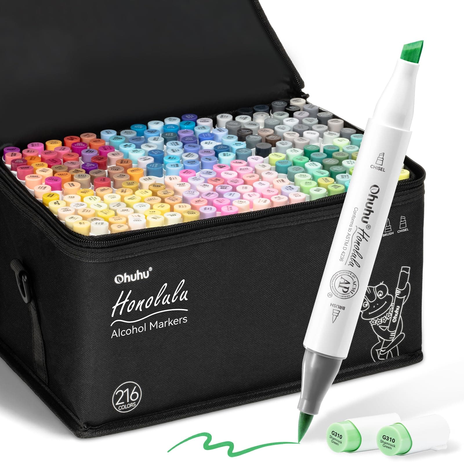 Ohuhu Kit de 216 marqueurs colorés d'art, pointe double, pinceau et ciseau burin pour artiste, étudiants, marqueurs pinceau pour croquis, coloriage pour adultes, calligraphie