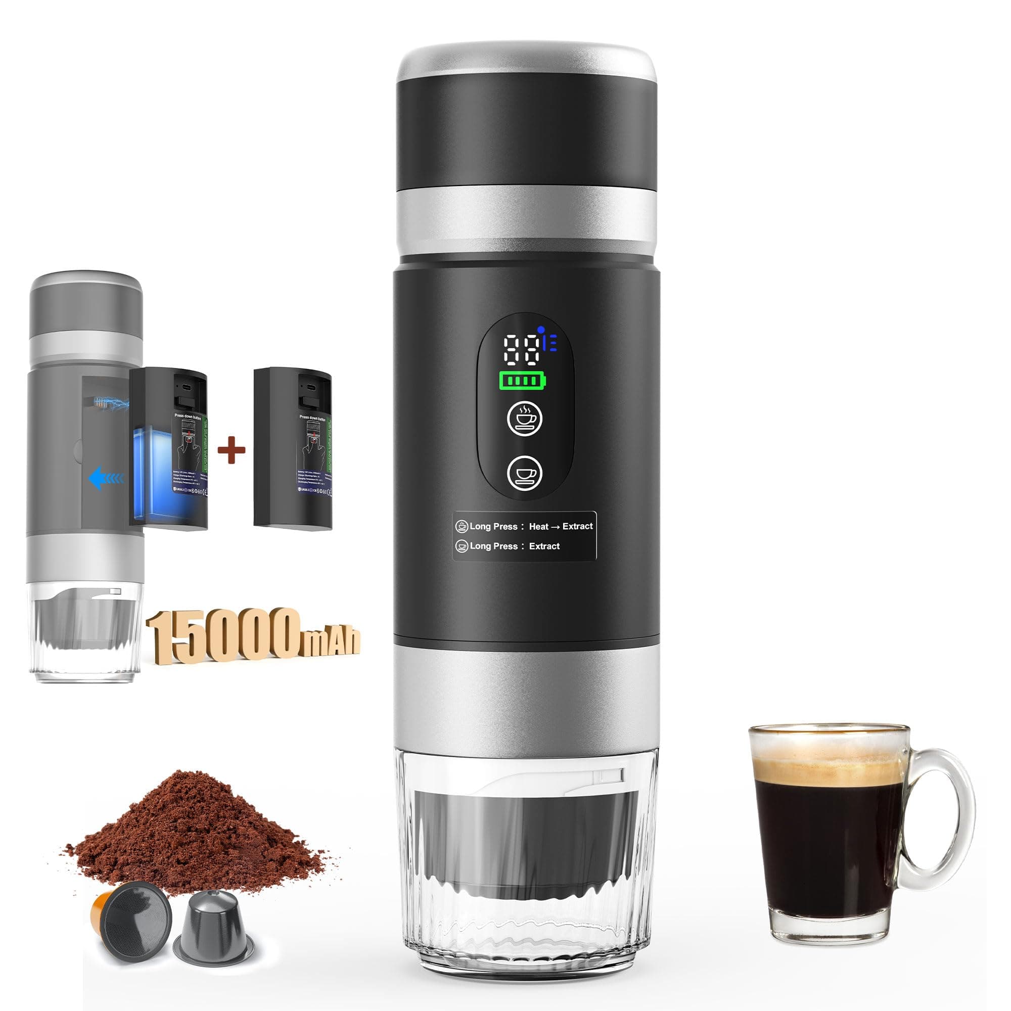 Innopower Mini Machine à Café Portable avec 15000mAh Batterie, Cafetière Portable Machine à Café Expresso, Auto-Chauffante & USB-C, Compatible Capsules & Café Moulu pour Bureau Voyage Maison