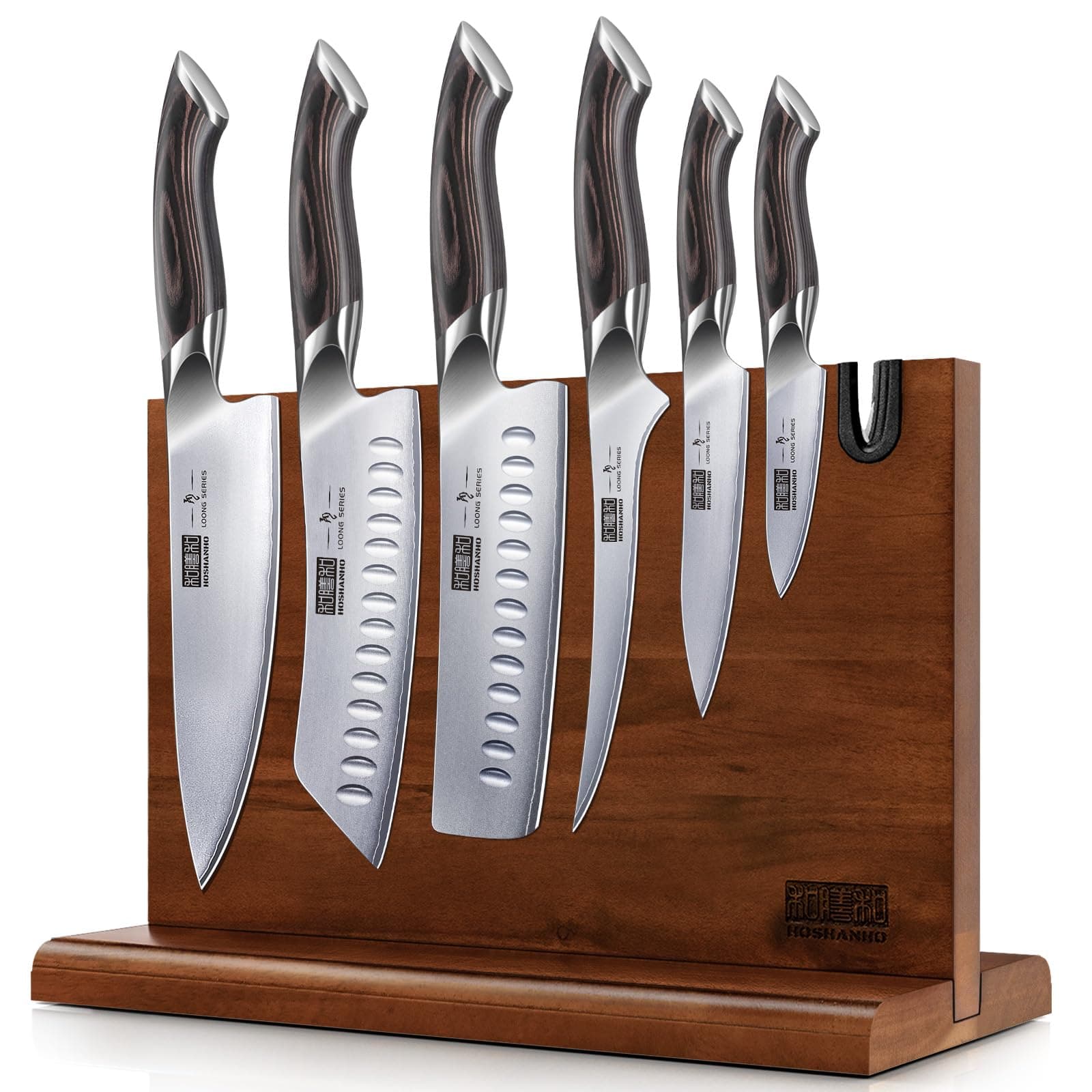 HOSHANHO Lot de 7 Couteaux de Cuisine, Couteau Cuisine Bloc Magnétique en Acier Inoxydable Japonais à Haute Teneur en Carbone, Couteau de Chef Ultra-tranchants Avec Manche Ergonomique en Bois de Pakka