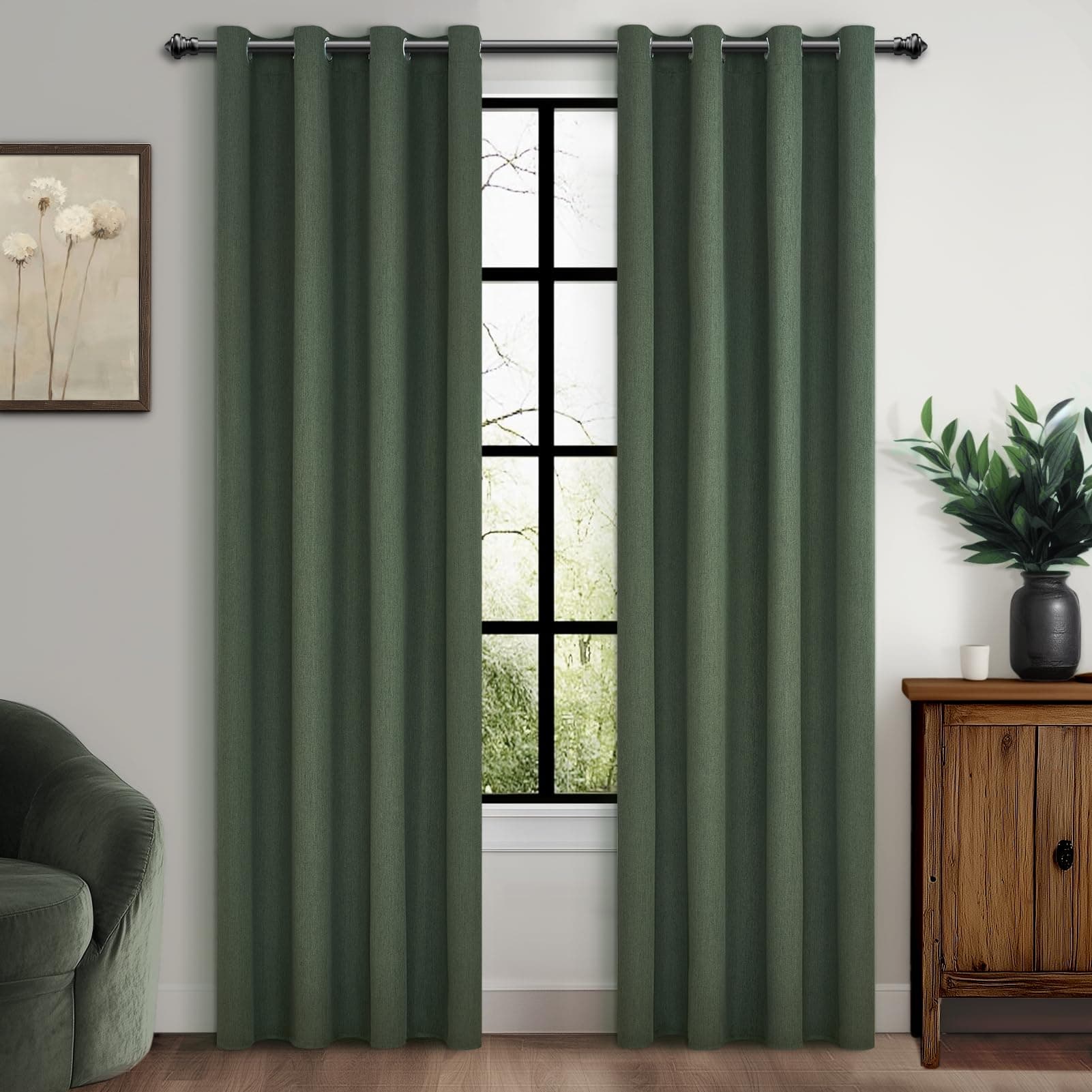 MRTREES Rideau Occultant Thermique Isolant Anti Froid et Chaleur 100% Bloquer Lumière, Rideaux Opaque en Lin à Oeillets pour Porte Chambre Adulte Salon, 140x200 CM, 2 Pièces, Vert Olive