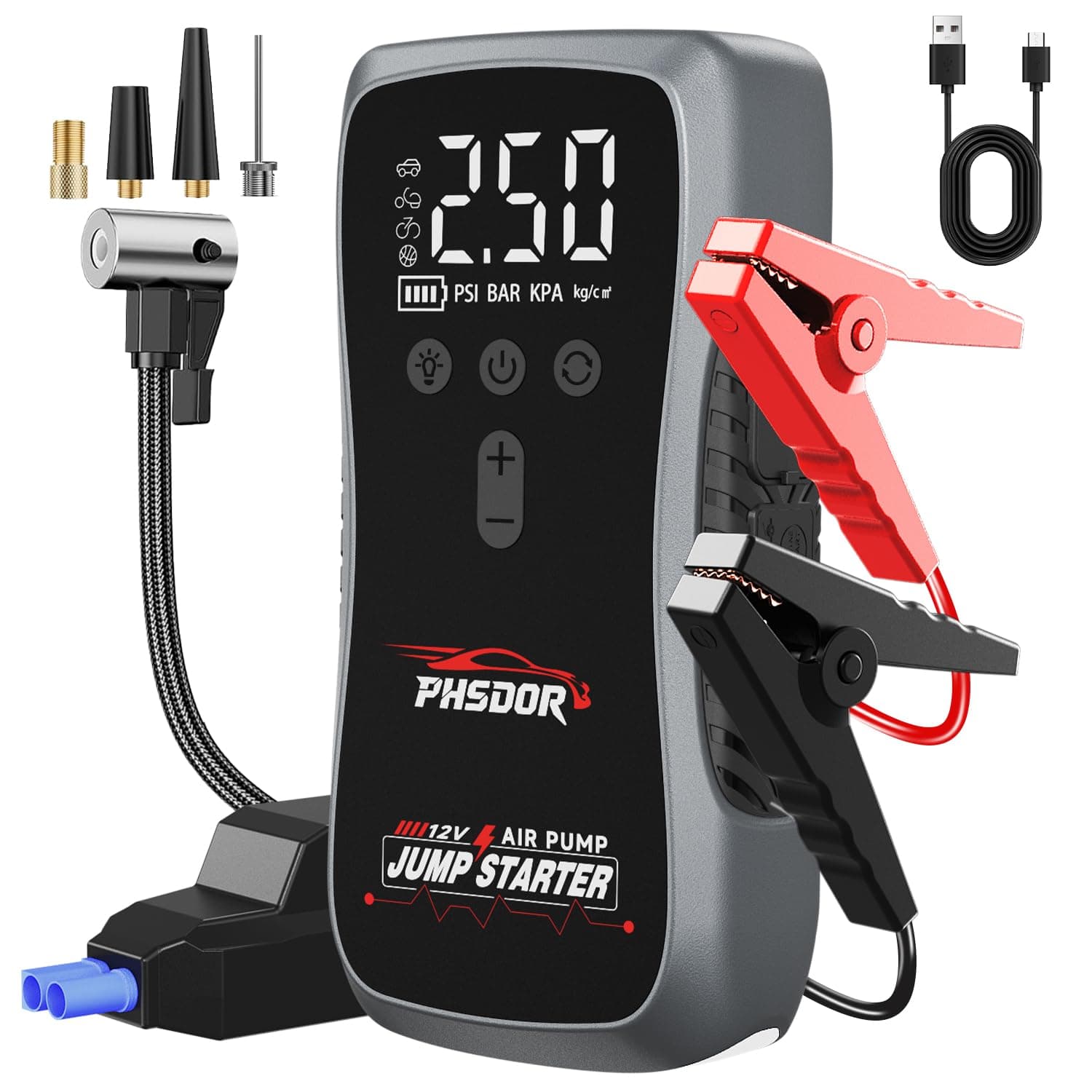 8000A Arrancador de Coches con Compresor de Air, 25000mah 150PSI Arrancador de Baterias de Coche (hasta Todo Gas o Diésel de 10,0L), 12V Arrancador de Coches Portatil, Jump Starter con luz LED