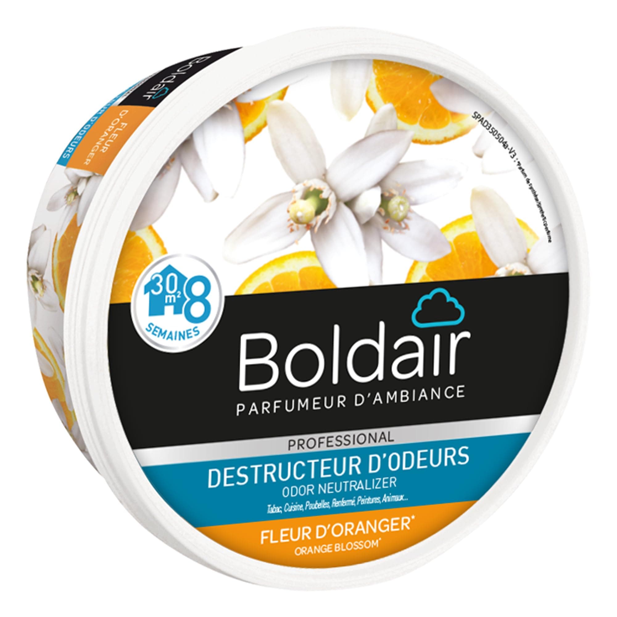 BOLDAIR - Gel destructeur d'odeur Fleur d'Oranger - Neutralise les odeurs - parfume - Produit gel solide - Multi application - durée 8 semaines - 300g - Fabrication française