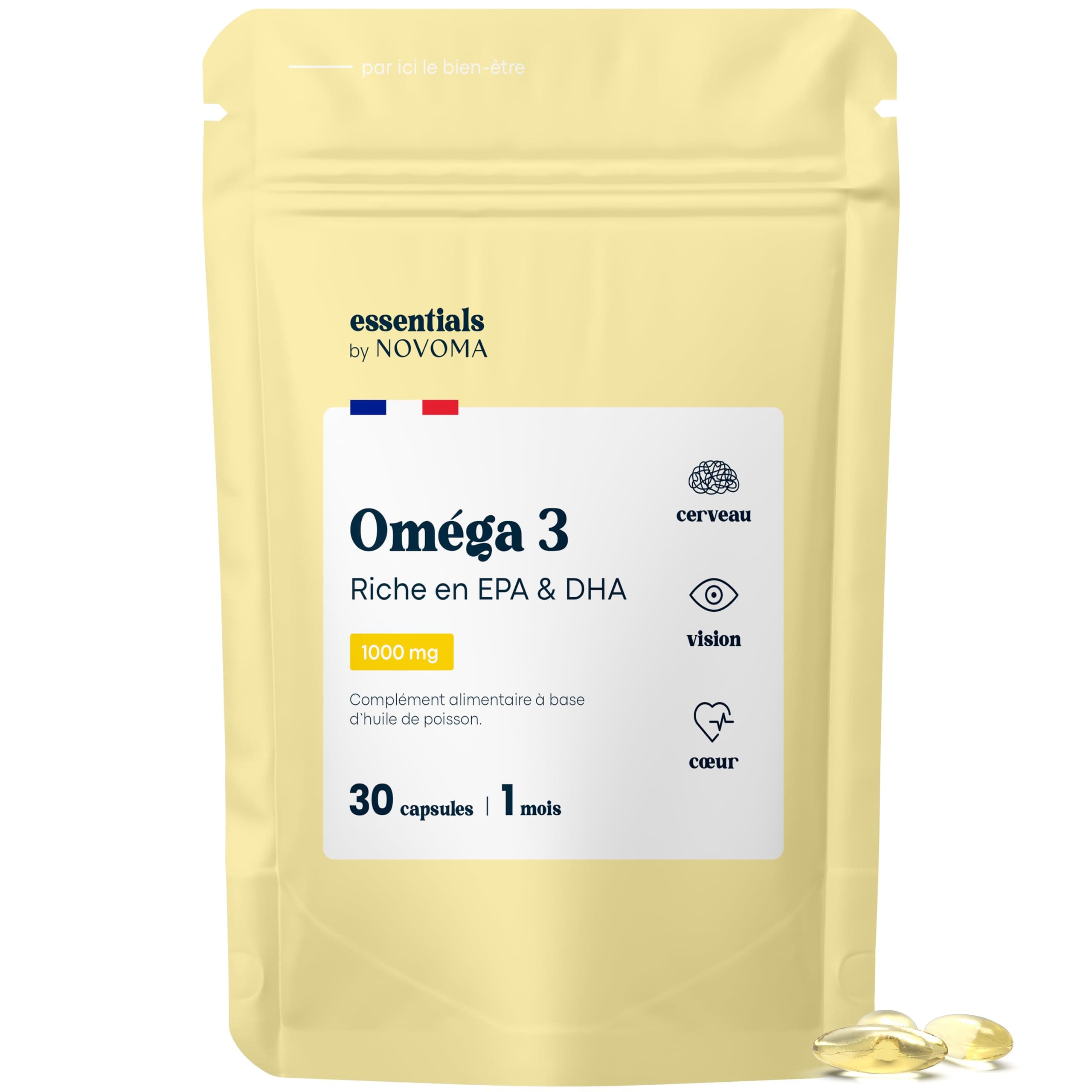 Omega 3 Huile de Poisson 1000mg, Pure et Concentrée, Oméga 3 EPA DHA, Santé du Coeur & Vision, Cure de 1 mois, Fabriqué en France, Essentials by Novoma