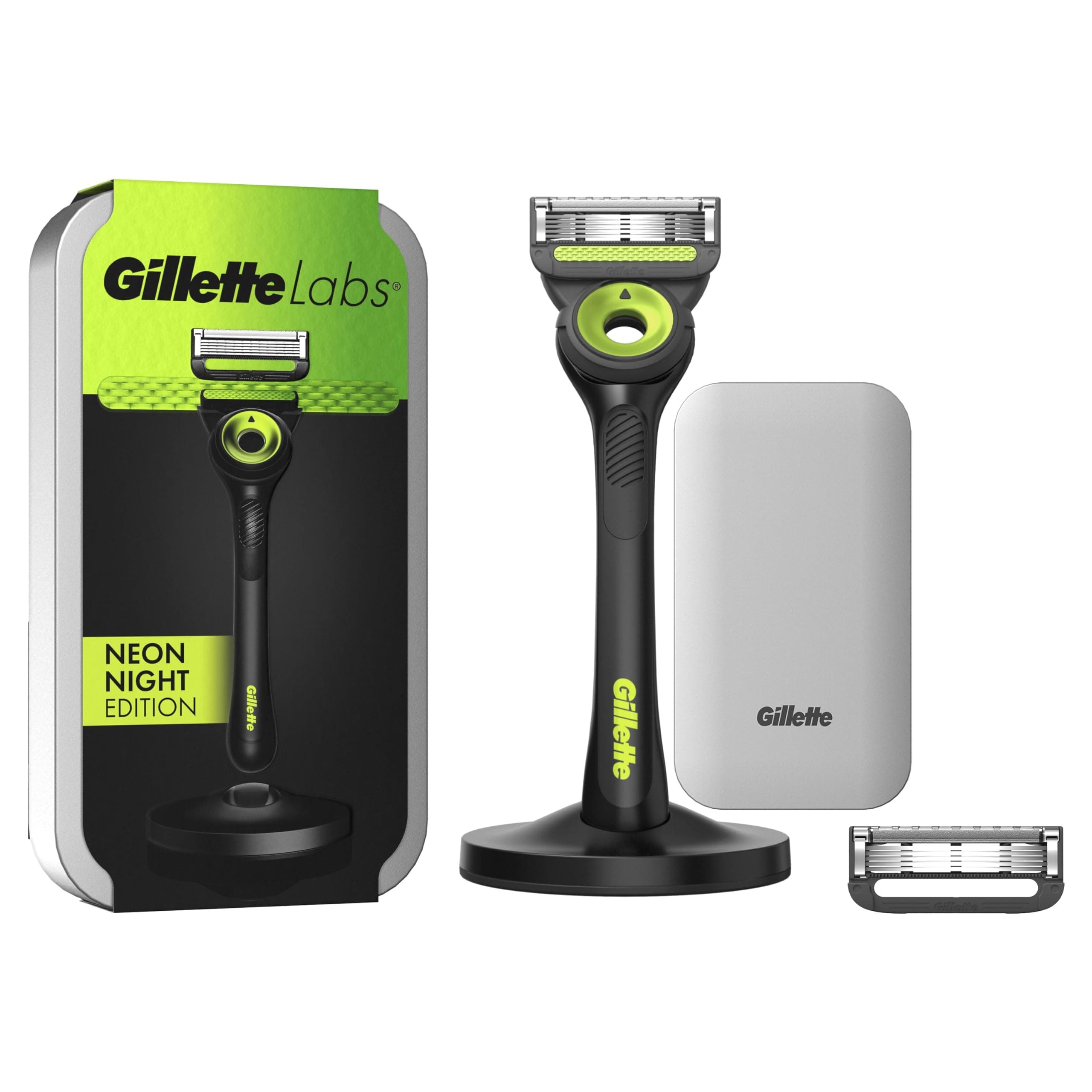Gillette LABS RASOIO UOMO, con 2 LAMETTE DA BARBA di Ricambio, Base Magnetica e BARRA INTEGRATA Elimina Impurità Pelle, Rasatura Facile, Comfort Ottimale, CUSTODIA DA VIAGGIO, Nero e Verde,Idea Regalo