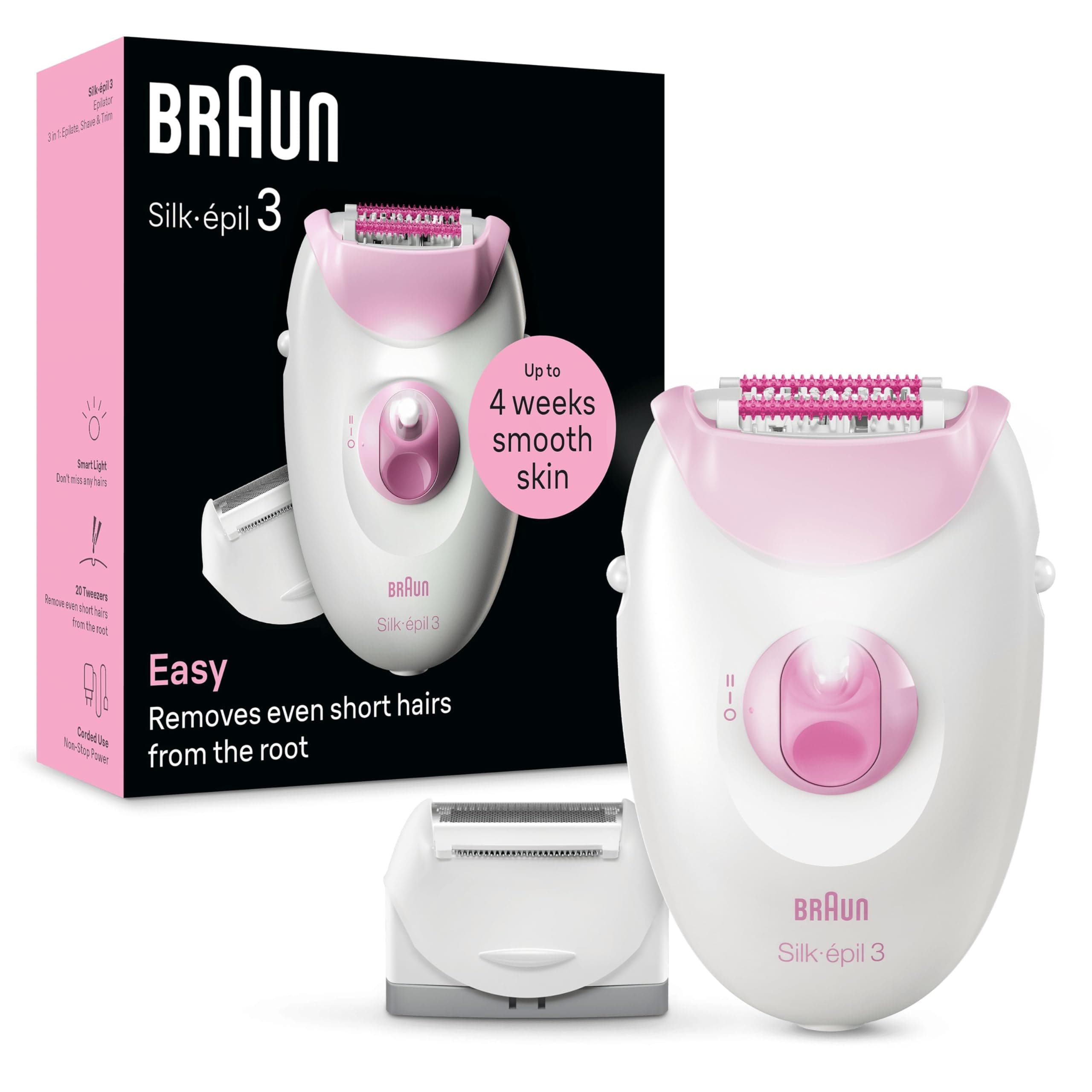 Braun Silk-Épil 3 Epilatore Elettrico Donna con Cavo per Epilazione, Pelle Liscia per Settimane, con Testina per Rasoio Donna e Cappuccio Rifinitore, 3-031, Rosa