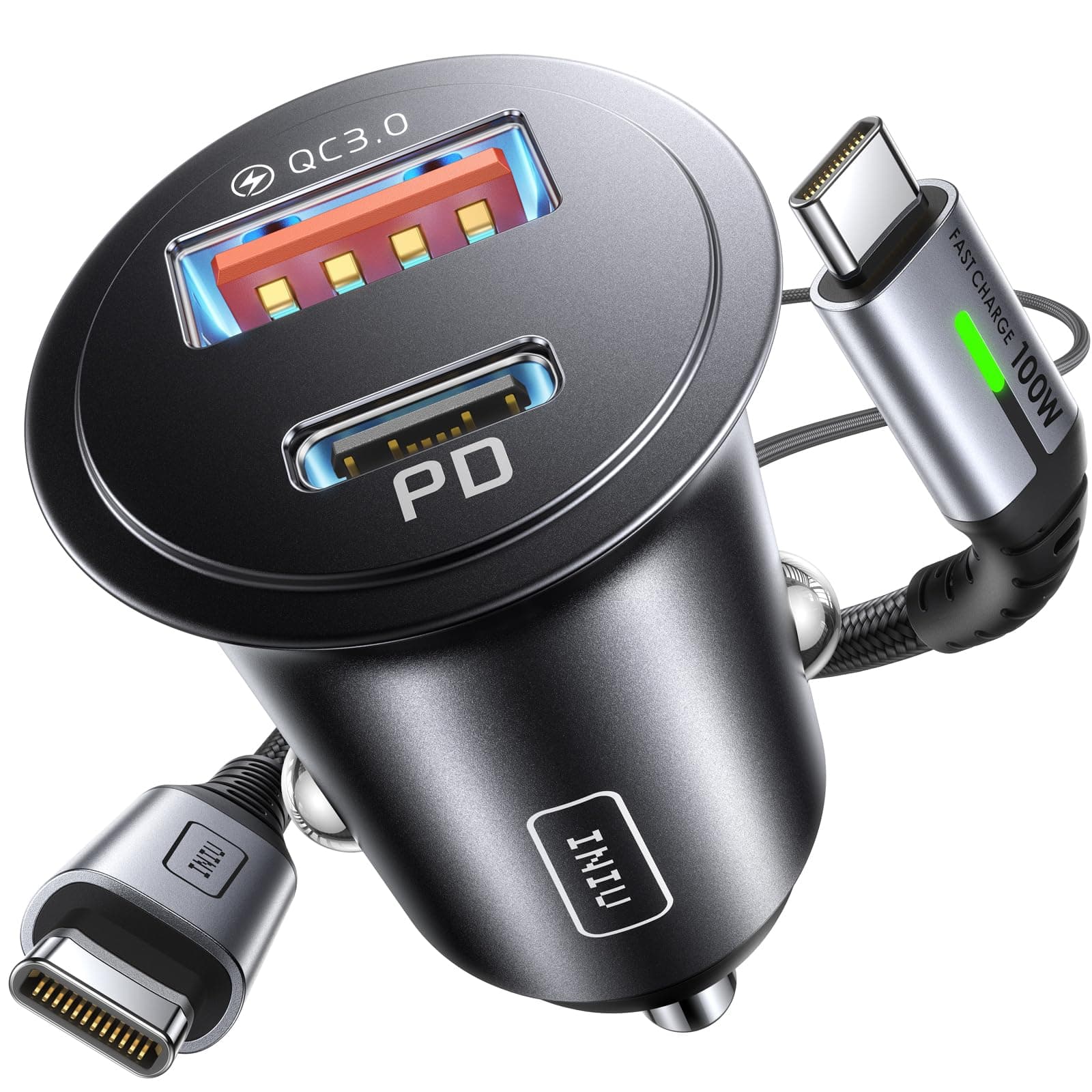 INIU Cargador Coche Carga Rápida, 60W Total [USB C 30W+USB A 30W] PD & QC3.0 Car Charger+[1m] 100W Cable, USB C Cargador Mechero Coche para Movil iPhone 16 15 14 Pro MAX iPad Samsung S25 Huawei LG