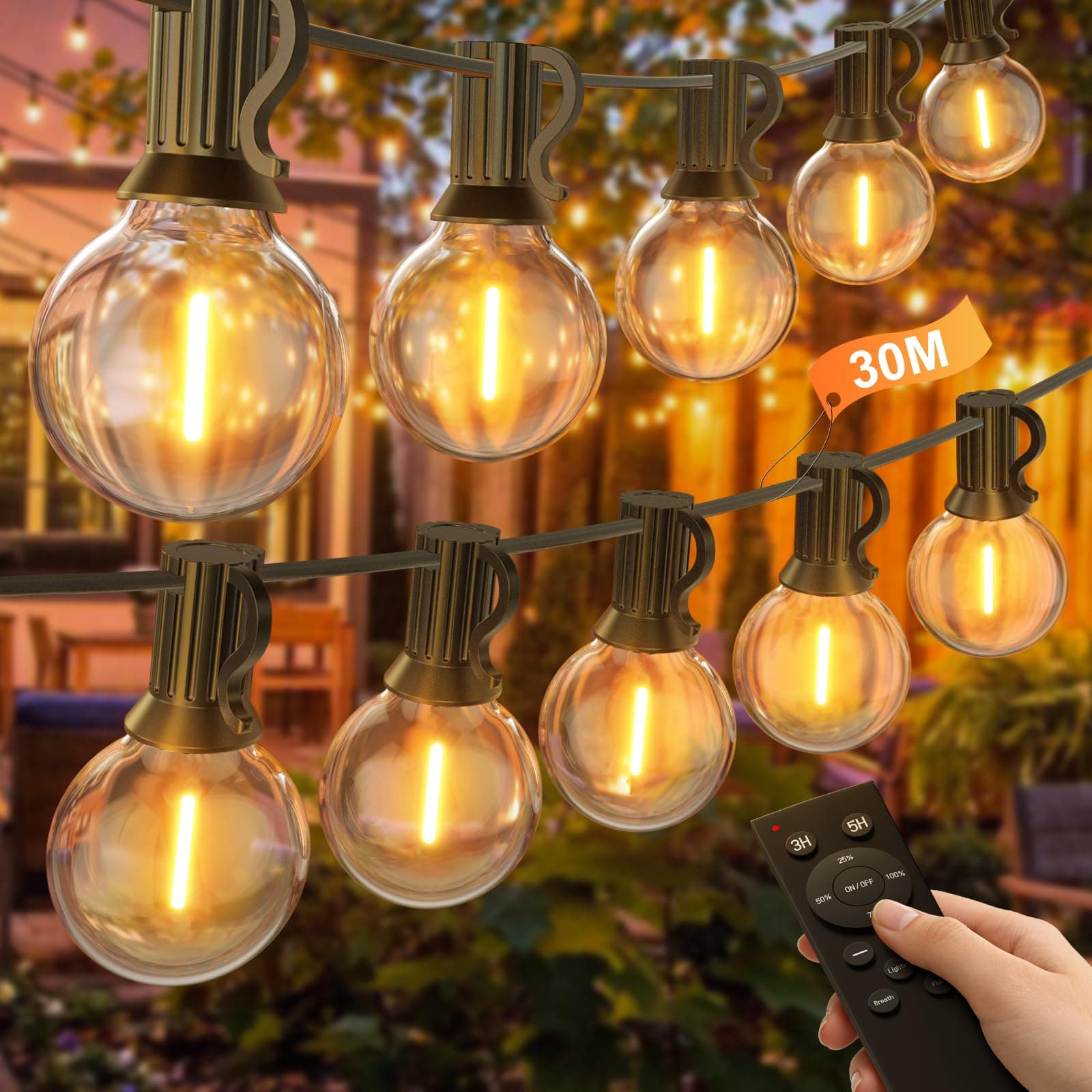 Guirnalda Luces Exterior 30M, Regulable Luces Led Exterior Jardin con Mando a Distancia, Impermeable Luz Guirnalda Exteriores con 50+2 Bombillas para Terraza, Fiesta, Cobertizos, Bodas, Pergolas