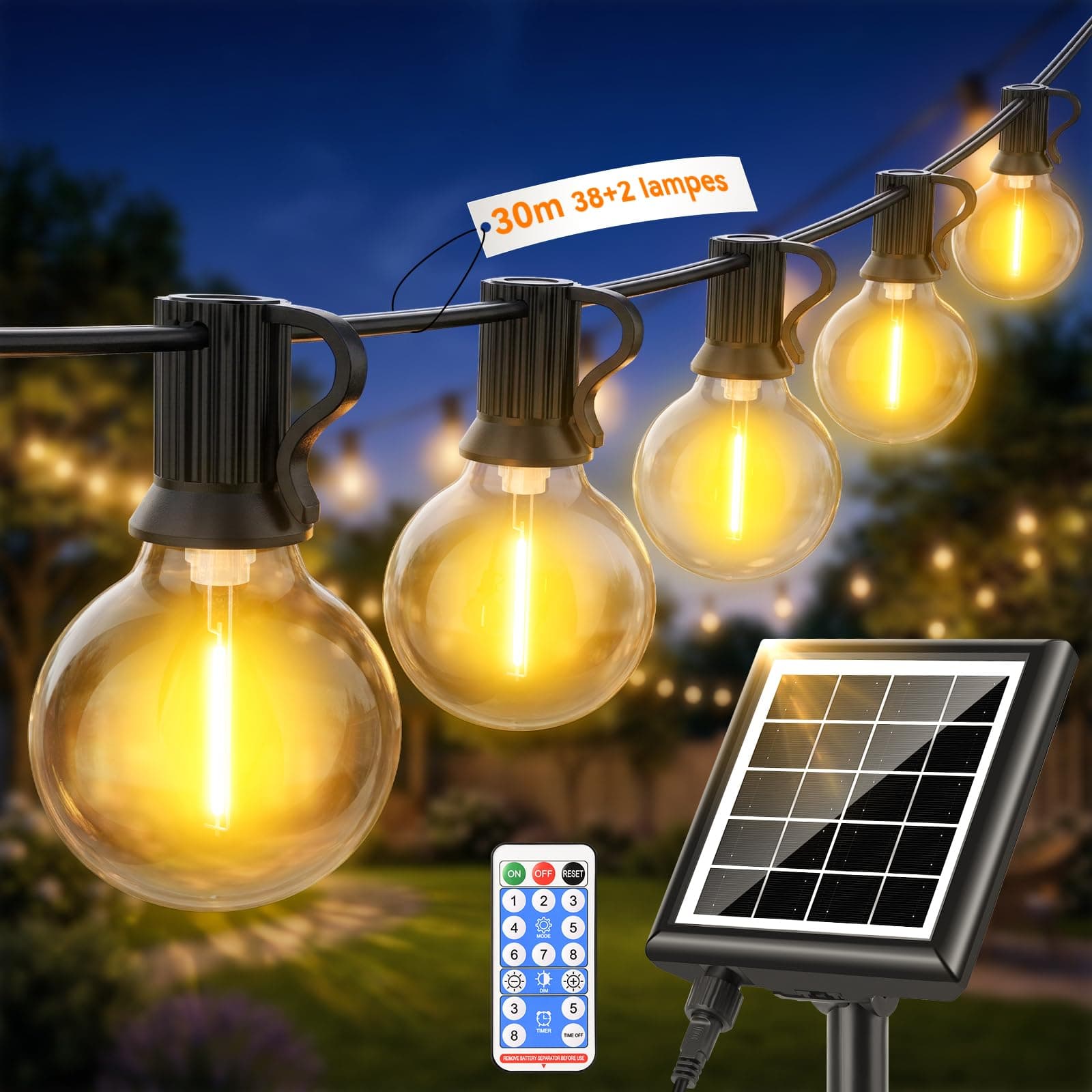 Guirlande Solaire Exterieur Lumineuse LED - 30M avec Télécommande 38+2 Ampoules G40 Étanche Guirlande Lumineuse Exterieure Solaire pour Jardin Terrasse Balcon Pergola, Décoration Guinguette & Fêtes