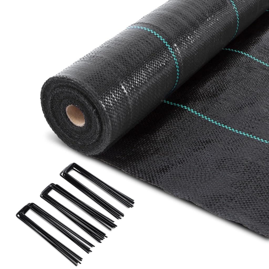 VOUNOT® Malla Antihierbas con 100 Clavijas de Jardín, Tela Geotextil para Control de Maleza, 2 m x 50 m, 100 g/m², Resistente a la Rotura y Estabilizada contra UV