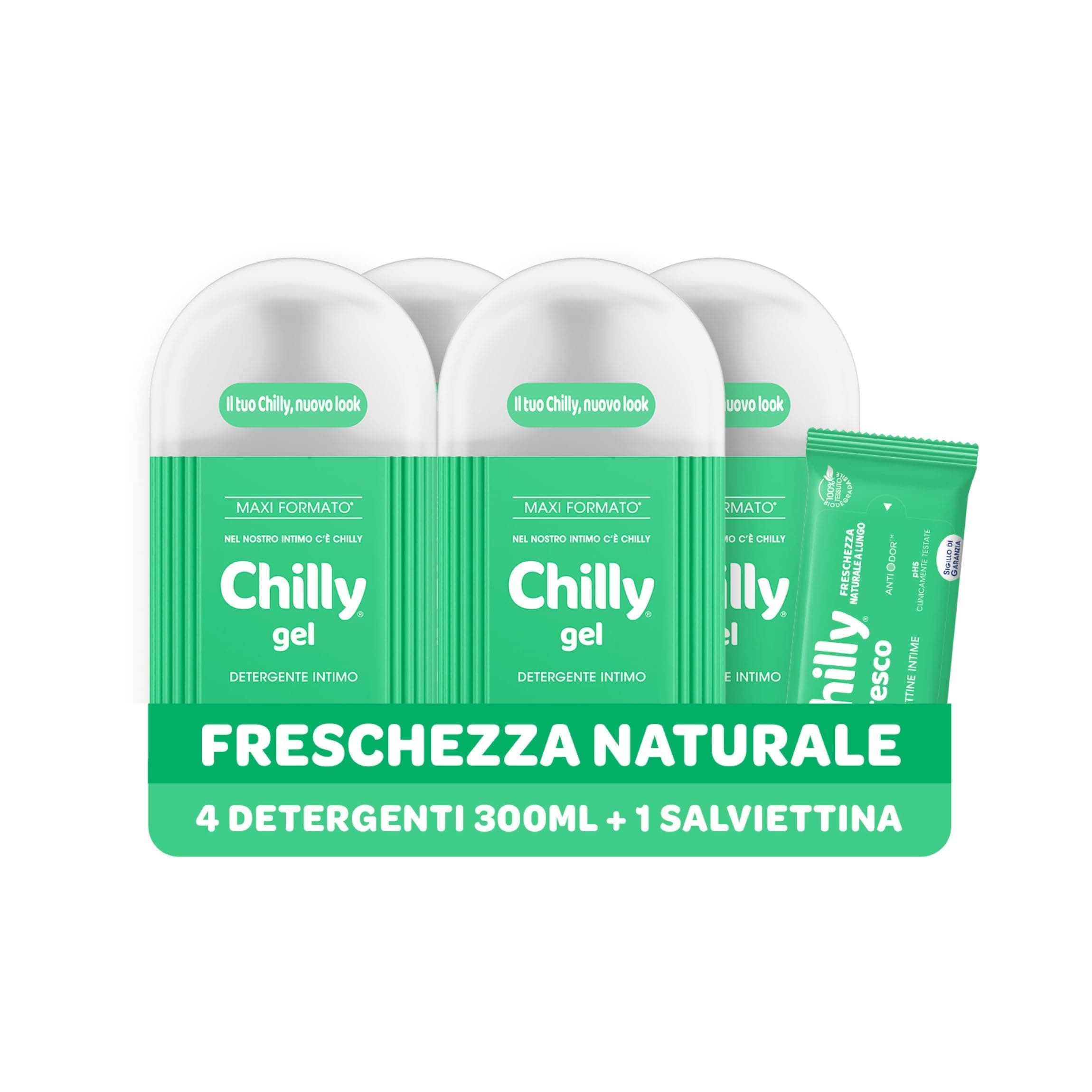 Chilly Detergente Intimo Fresco, Detergente per l'Igiene Intima con Molecola Antiodore, Formula Fresca con Mentolo Naturale, PH 5, Clinicamente Testato, Confezione da 4 Flaconi da 300 ml