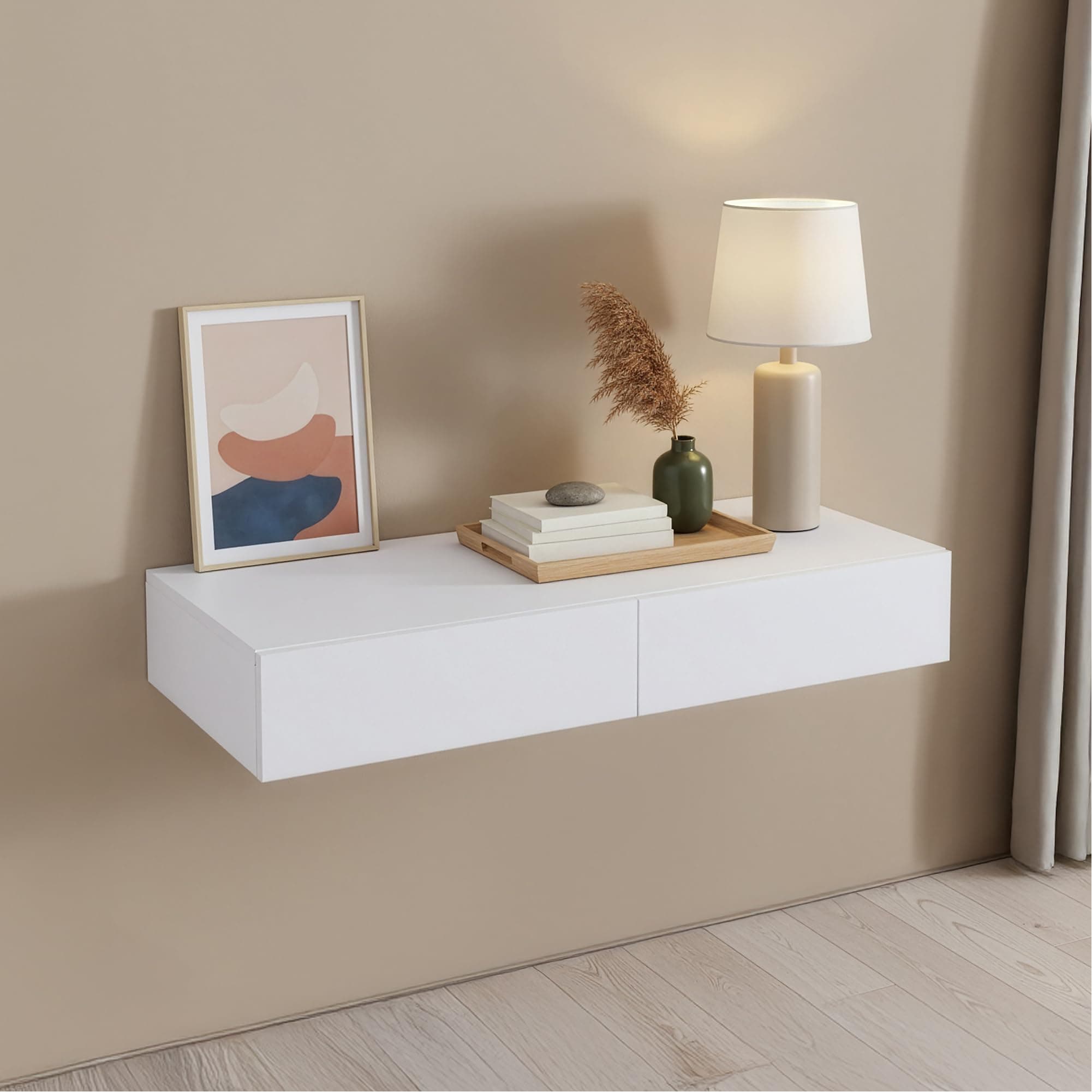 [en.casa] Étagère Murale avec 2 Tiroirs Table de Chevet Nuit Flottante Table d'Appoint Suspendue avec Espace de Rangement MDF PVC 80 x 35 x 12 cm Blanc