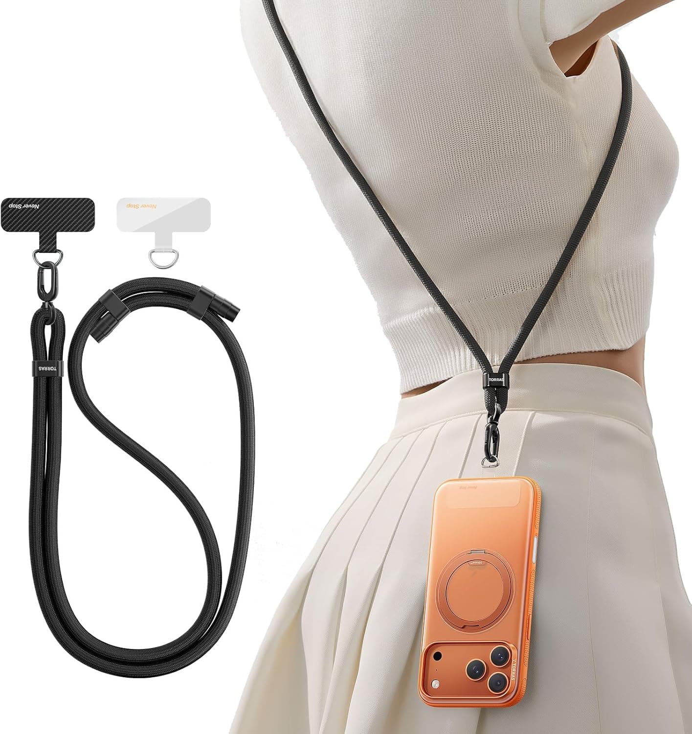 TORRAS Handykette Universal Verstellbar Handyband zum Umhängen aus doppeltem Nylon-Seil Robust Angenehm Lanyard Handy Umhängeband mit Metallschnalle Haltbar Schwarz