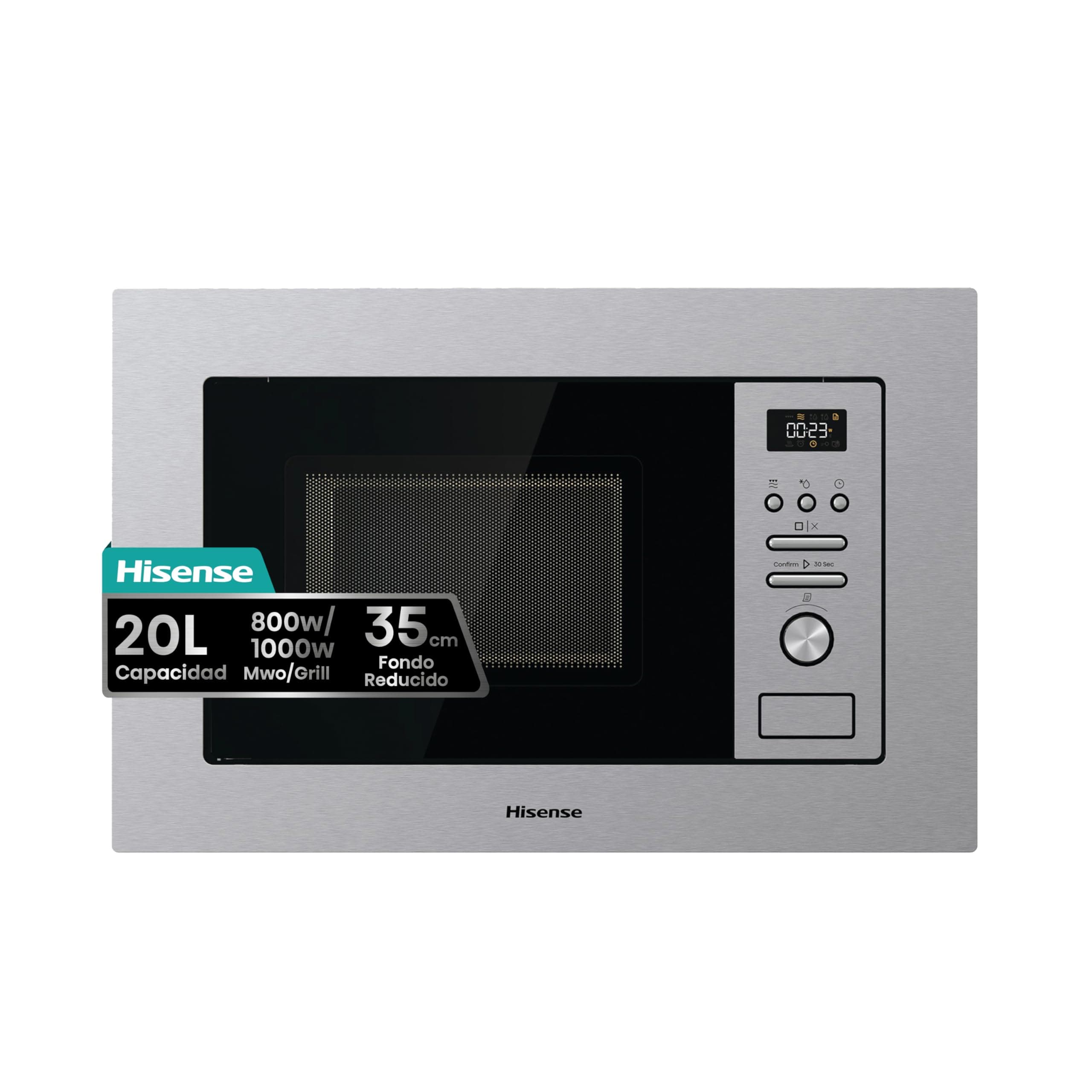 Hisense BIM320G41X - Microondas Integrable, 1000W, 20L, Alto 38.8cm x Ancho 59.5cm, Color Inox, 5 Niveles de Potencia, 15 Programas Preestablecidos, Grill Combo, Descongelar por Tiempo o Peso
