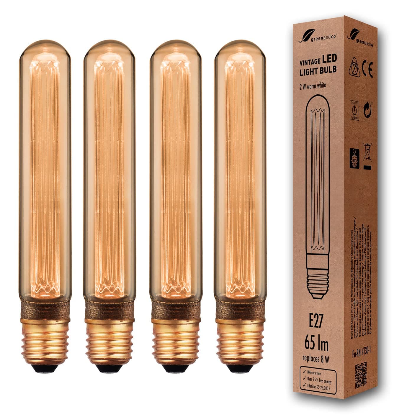 greenandco 4x Ampoule à LED Décorative Style Vintage | E27 T30 | ambre | 2W 65lm | 1800K blanc très chaud | 320° | 230V | aucun scintillement | non-dimmable