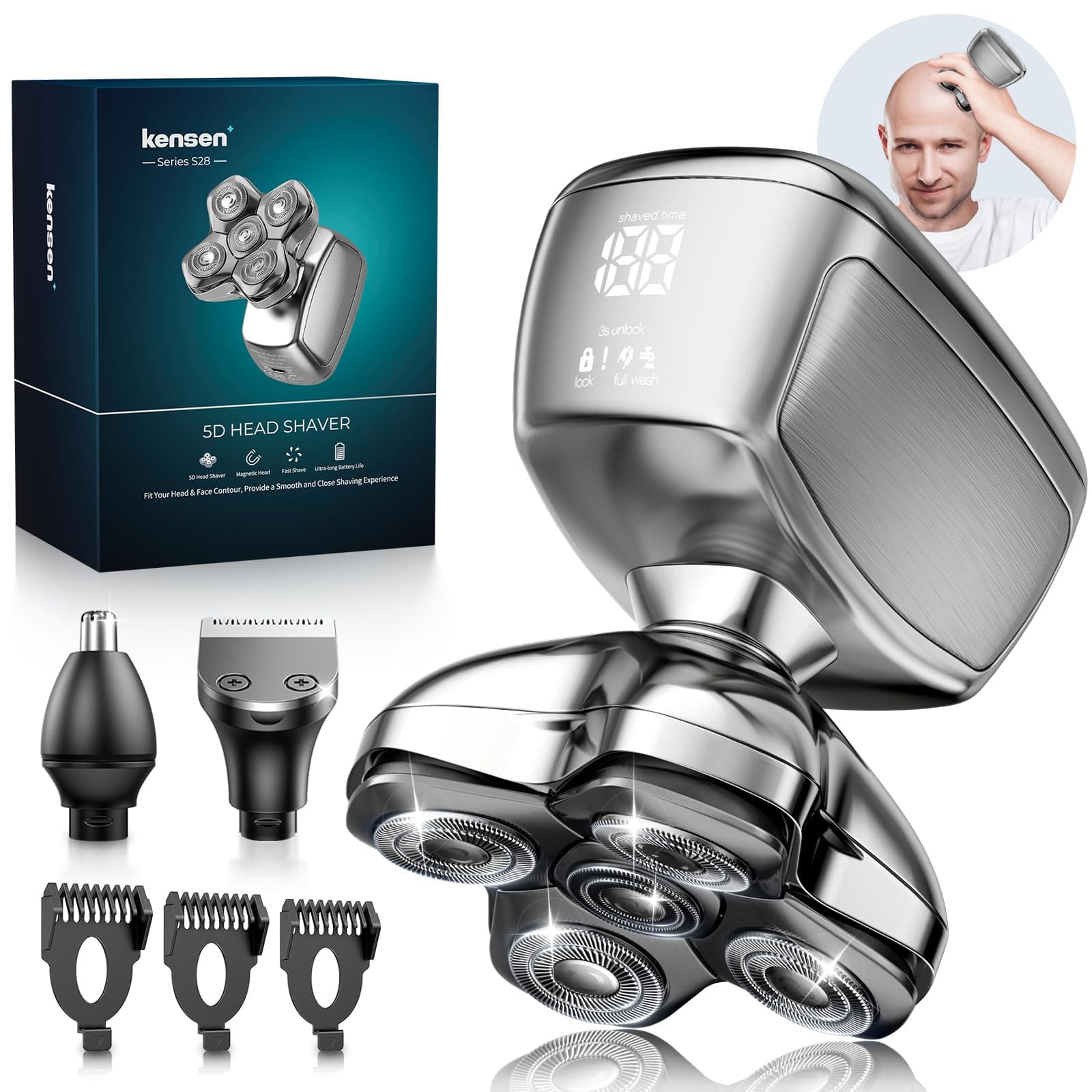 Kensen Rasoir Tete Chauve Homme 5D Tondeuse Cheveux Hommes Chauve 120 mins d'autonomie Tondeuse Crane Chauve Étanche Rasoir Crane Sec & Humide avec Coupe-Poils de Vez & Écran LED & Peigne Limite