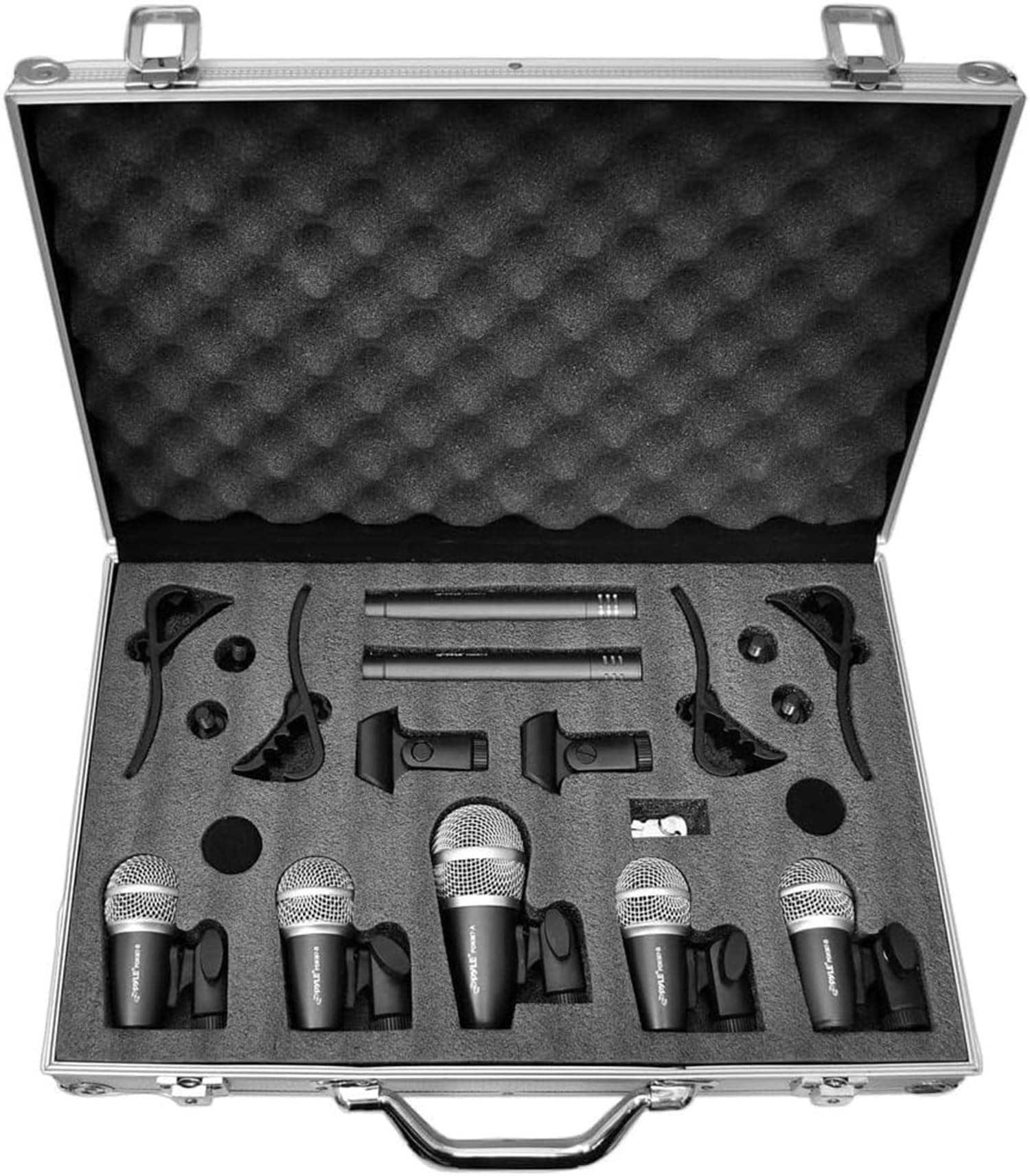 Pyle Kit de microfonos para bateria, 7 Piezas, con Cable, Dinamicos y de Condensador para Bombo, Caja, TOMS y platillos, Incluye Soportes, Clips, Parabrisas y Estuche