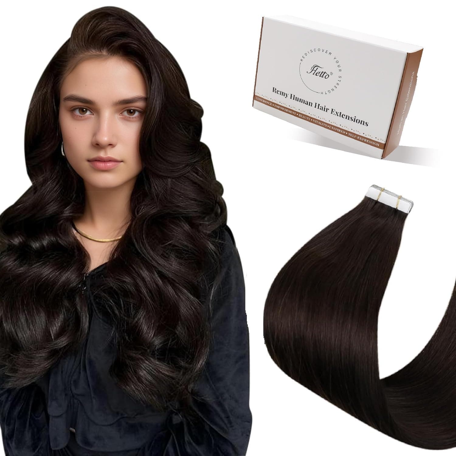 Hetto Extensions Cheveux Naturel Adhesif - Brun Fonce – Cheveux Humains Remy, Invisible Tape – Pose Facile a Domicile – Volume & Longueur Instantanes 20pcs 50g 55cm