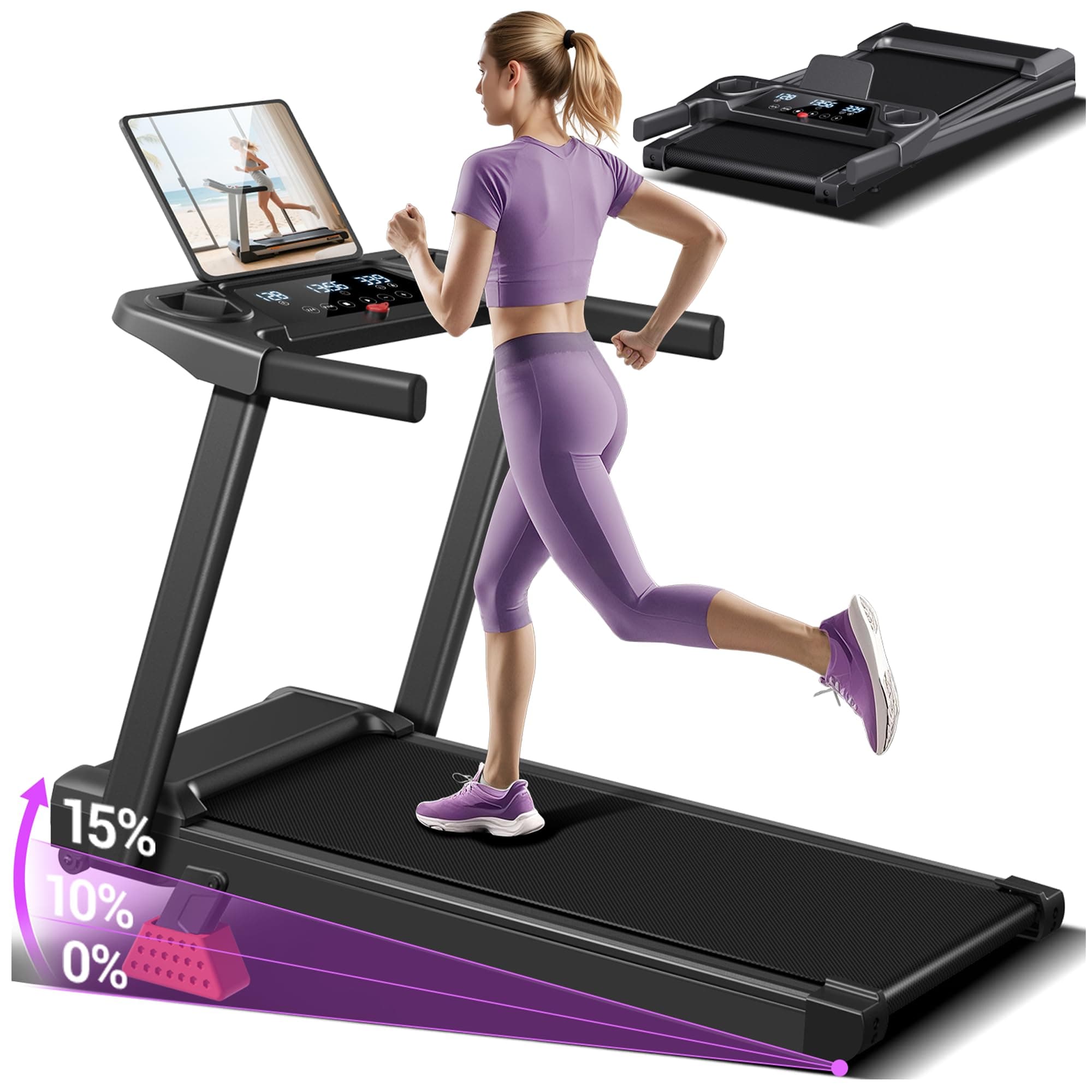 Tapis de Course Pliable Inclinable réglable sur 3 Niveaux, 12KM/H Tapis de Marche Pliable Inclinable,Treadmill Home avec Moteur 3,0 CV, Charge Max.136KG