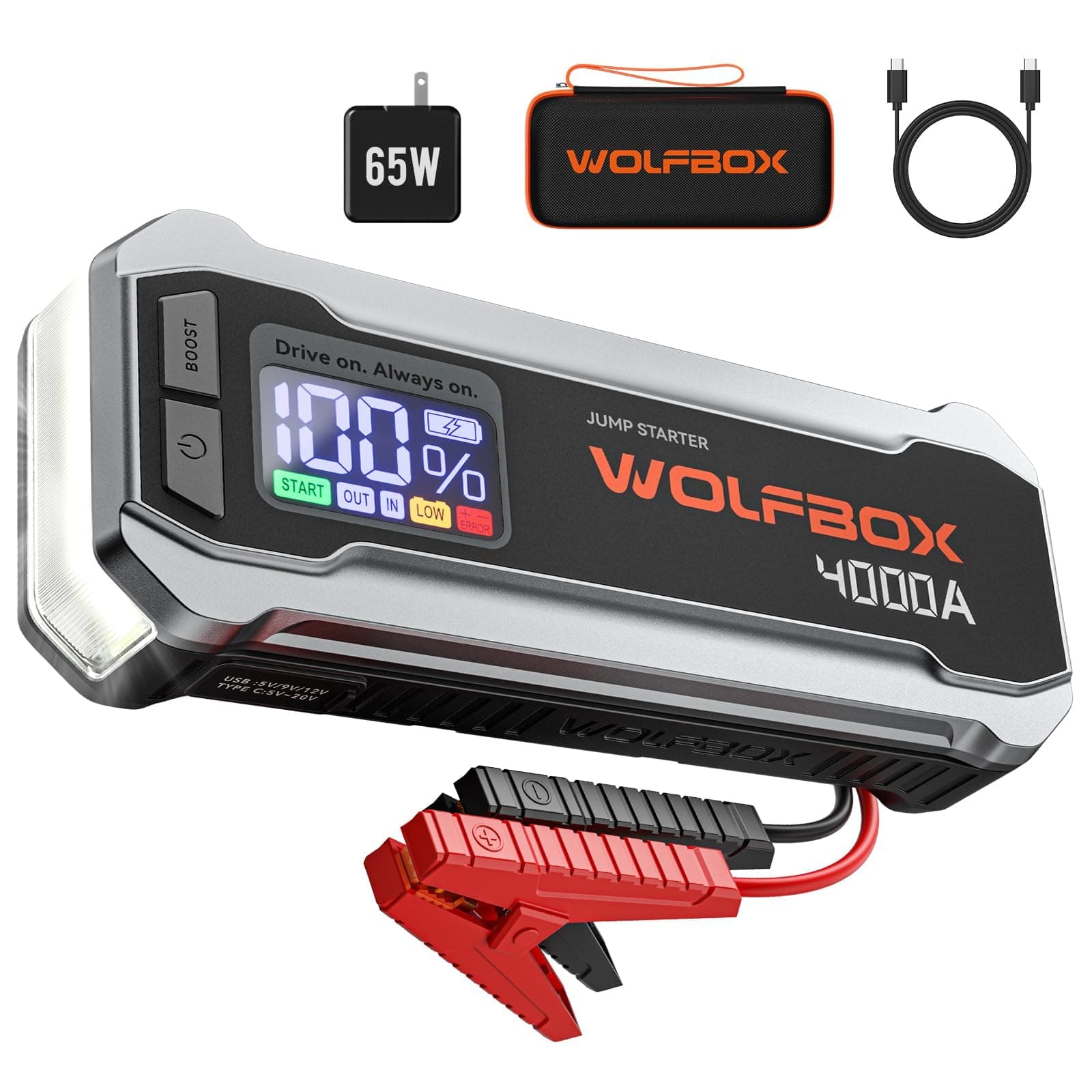 WOLFBOX 4000A arrancador de baterías, 12V arrancador de coche de con cargador rápido de 65W, pantalla LED, batería portátil de 24000mAh (motor de gasolina de 10L, diésel de 10L) con refuerzo, luz LED,