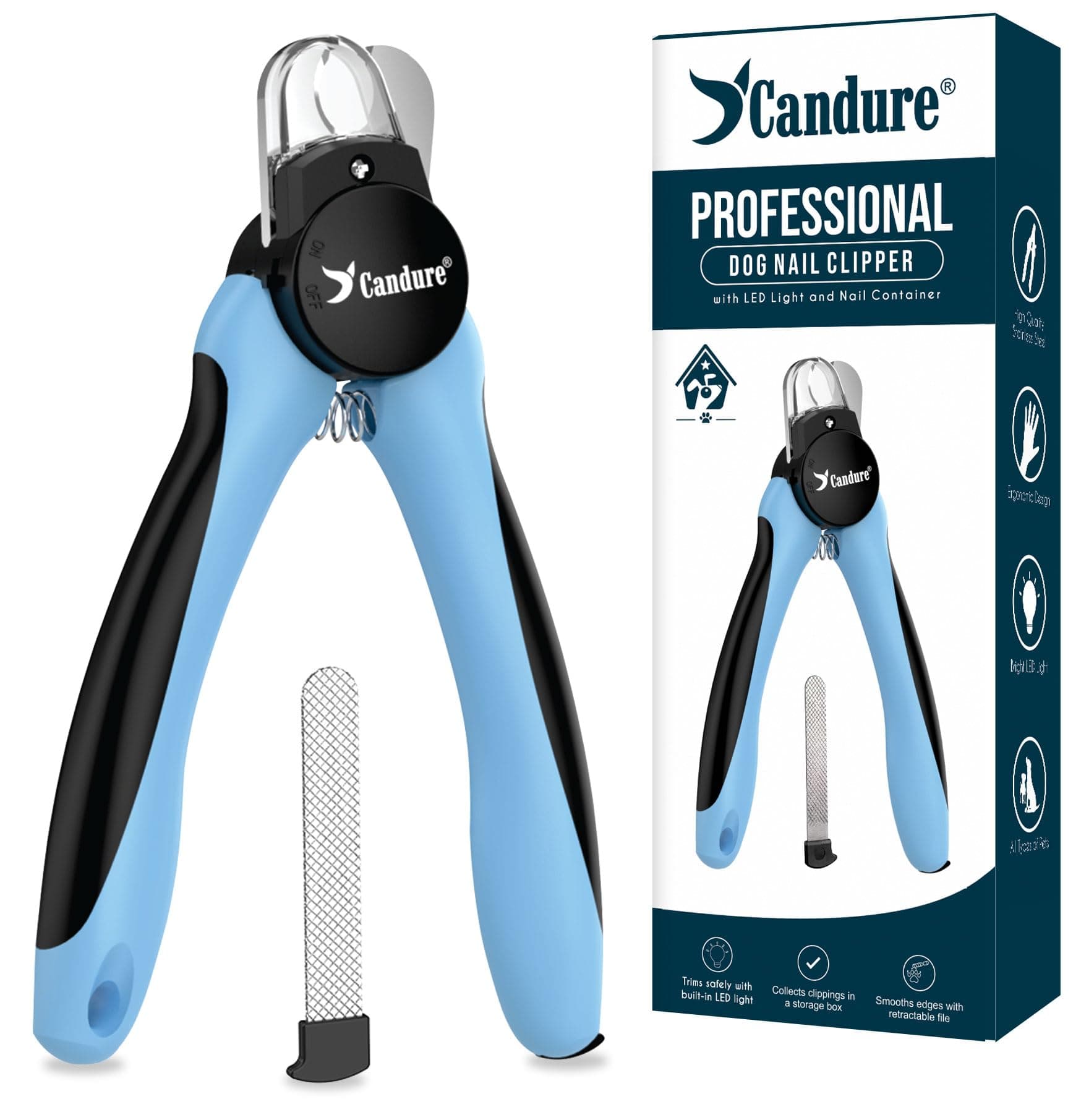 Candure Cortaúñas Para Perros con Luz LED – Ilumina la Línea de Sangre Para un Corte Más Seguro, Cuchilla Afilada y Sensor de Seguridad, para Uñas Gruesas, con Lima de Uñas