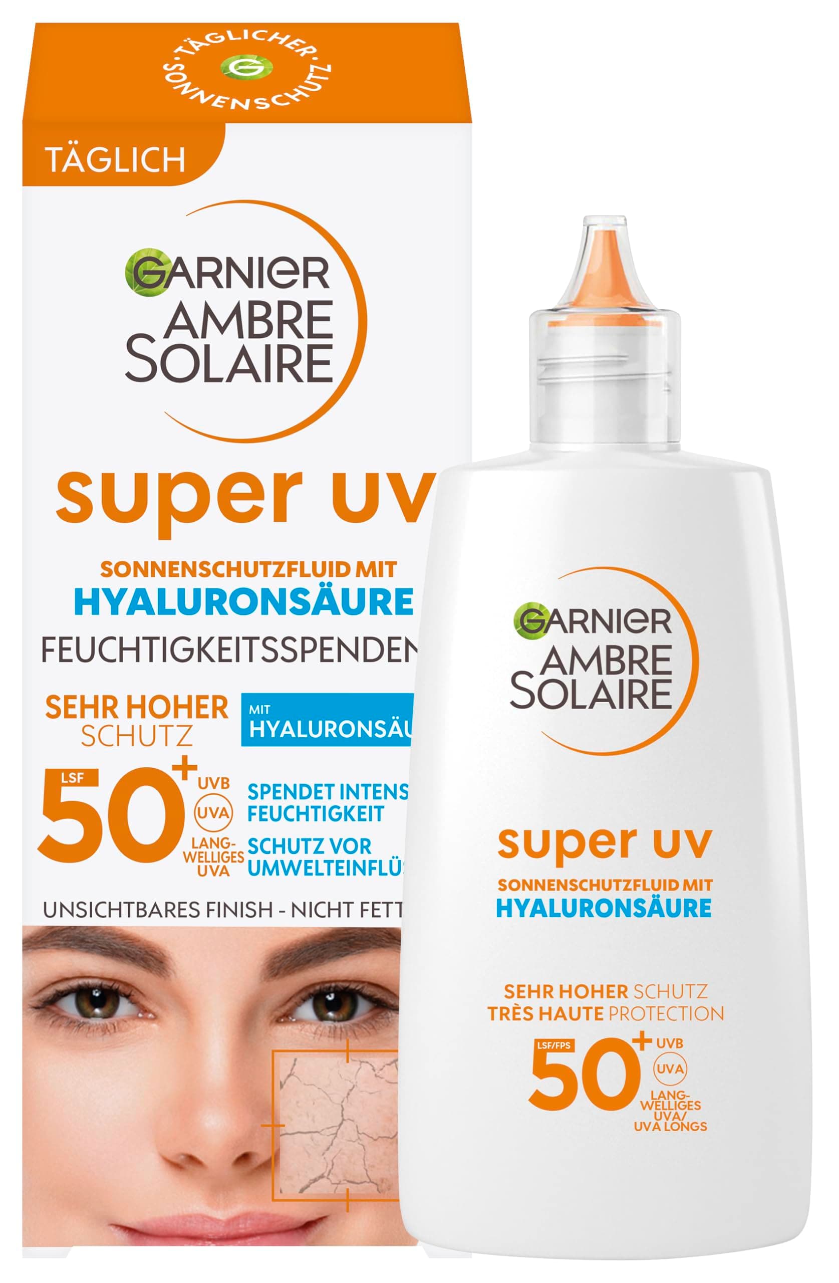 Garnier Ambre Solaire LSF 50+ Super UV Fluid Sonnenschutz, Sonnencreme mit Hyaluronsäure, ultraleichte & mattierende Formel für das Gesicht, unsichtbar, Schutz vor Sonnenbrand & Pigmentflecken, 40ml