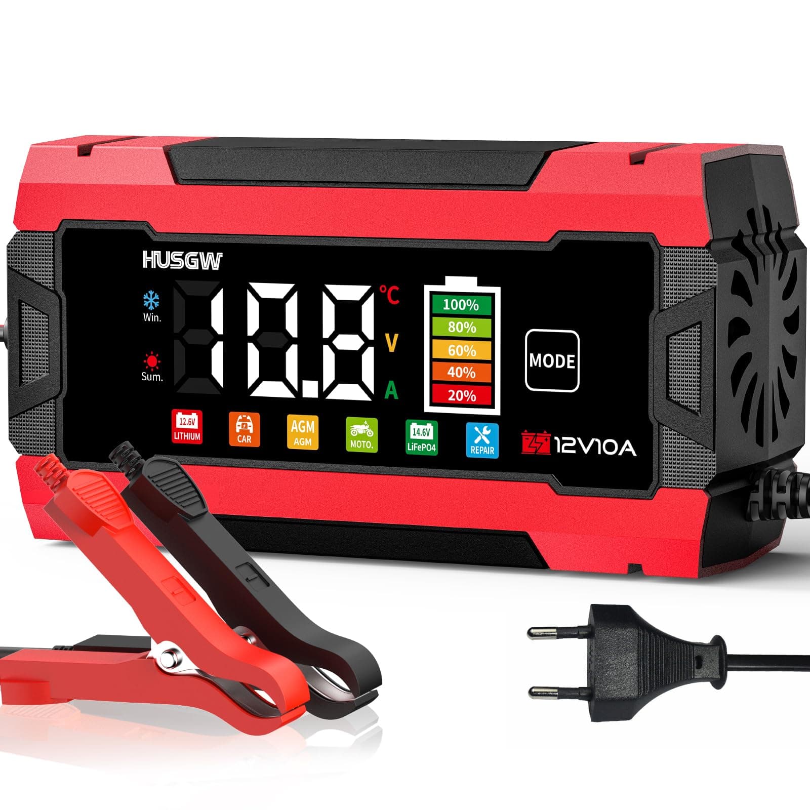 Husgw 10A Chargeur de Batterie Voiture, 12V 10A LiFePO4 Chargeur Batterie pour Moto avec Réparation Automatisée, 6 Modes Maintien de Chargeur Batterie avec Écran LCD pour AGM/Gel/Wet/SLA