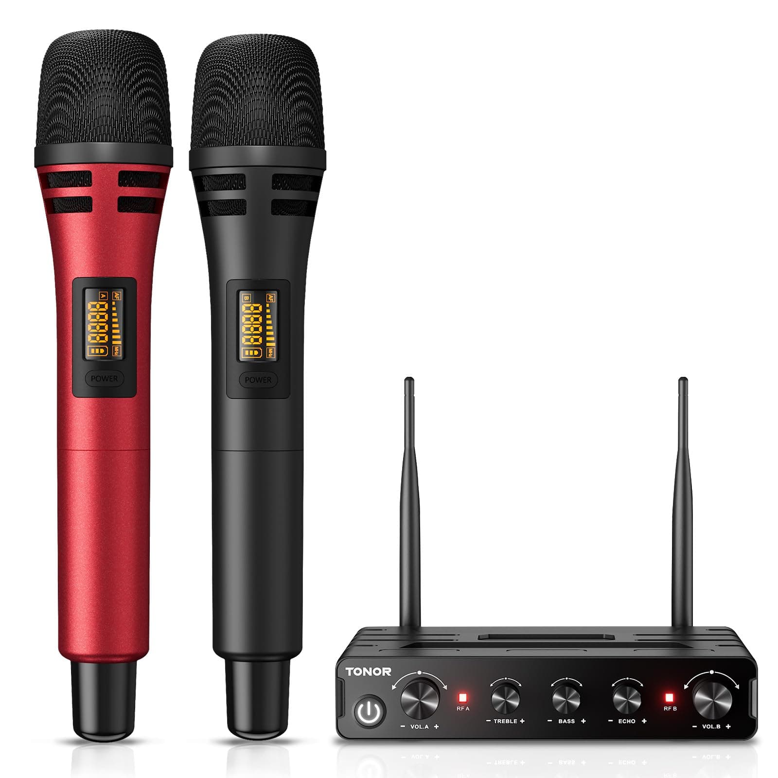 TONOR Micrófono Inalámbrico, Dual Mic UHF Sistema de Micrófono Dinámico de Mano con Receptor,Compatible con Amplificador,Sistema PA,para Karaoke Domestico/Boda/DJ/Fiesta/Iglesia,60M, Negro&Rojo,TW350