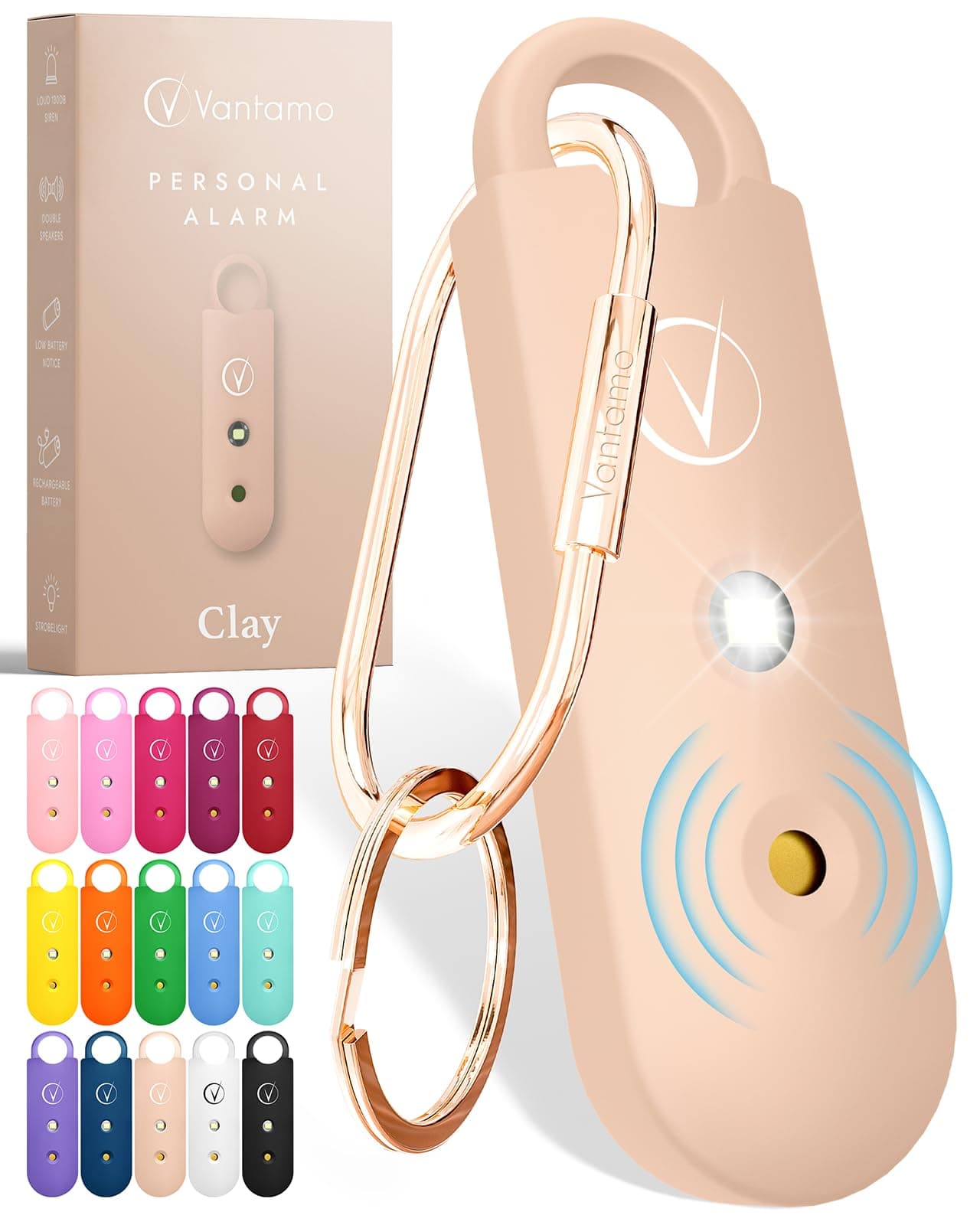 Vantamo Alarma Personal para Mujeres 130dB con Doble Altavoz, Luz Estroboscópica Potente e Indicador De Batería Baja, Llaveros Dispositivo de Autodefensa Personal Compacto