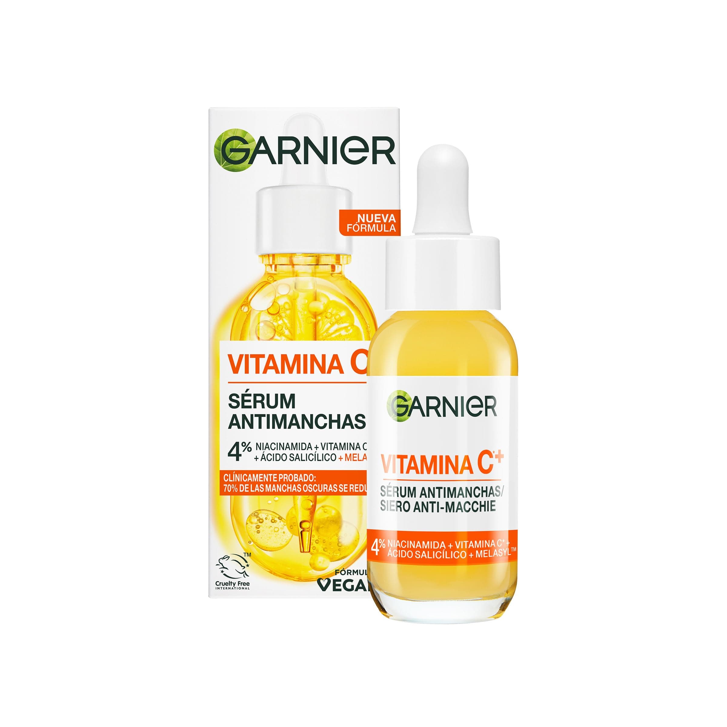 Garnier Vitamina C Sérum Antimanchas de Día con 4% de [Vitamina C + Niacinamida + Ácido Salicílico + Melasyl™]. Nº 1 del mundo. Reduce el 70% de las manchas oscuras en 5 días. 30 ml