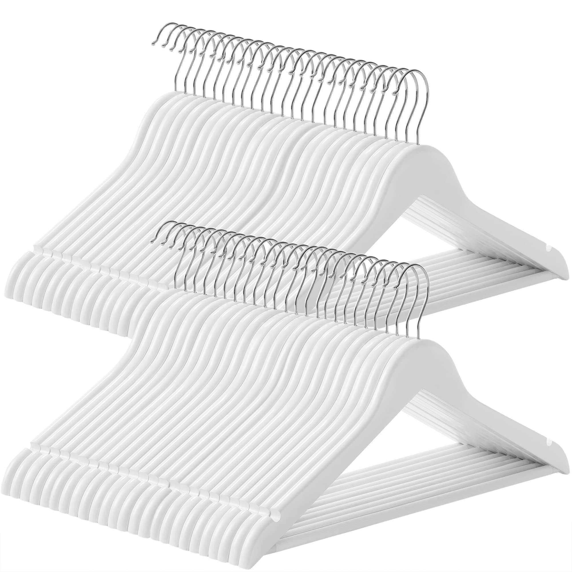 SONGMICS Grucce Legno, 50 Pezzi, Appendiabiti con Scanalature su Spalle, Barra Portapantaloni Antiscivolo e Gancio Girevole a 360° per Completi Camicie Cappotti, Bianco e Argento CRW03W-50