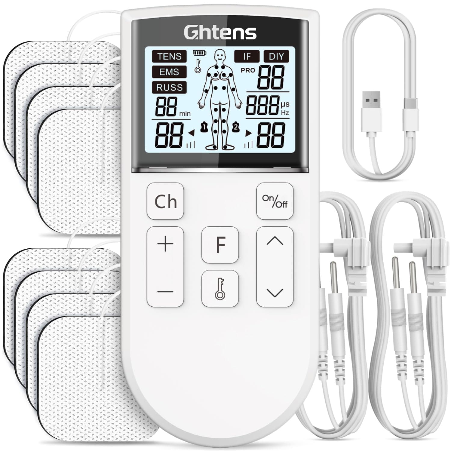 GHTENS Électrostimulateur Musculaire 5 en 1: TENS/EMS/If/Russ/DIY, Appareil de Stimulation Électrique Rechargeable, 80 Programmes, 2 Canaux, 8 Électrodes