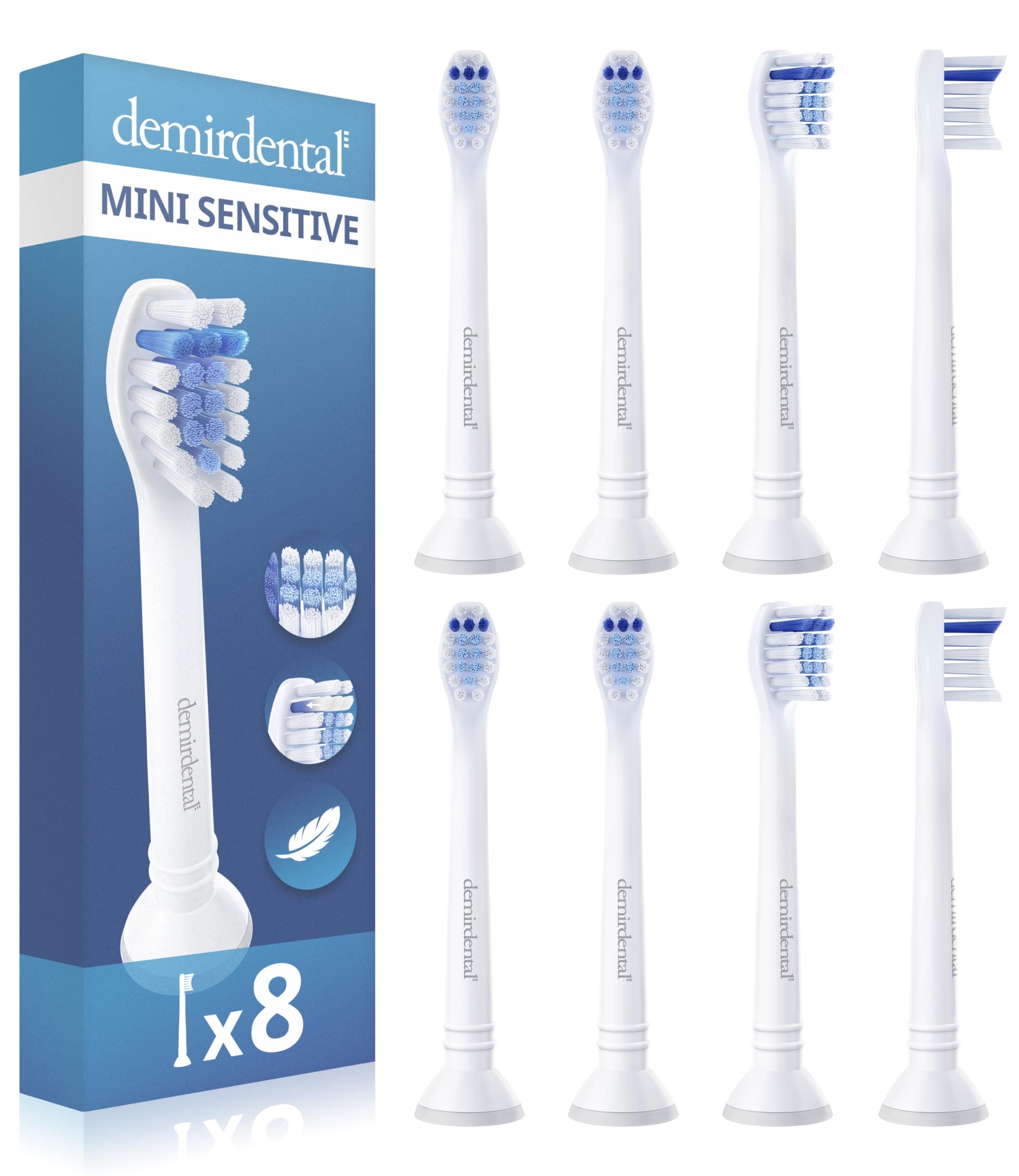 8er demirdental Mini Sensitive Aufsätze passend für Philips Sonicare Ersatzbürsten, weiche und kleine Bürstenköpfe für sensible Zähne, Weiß, entspricht HX6088