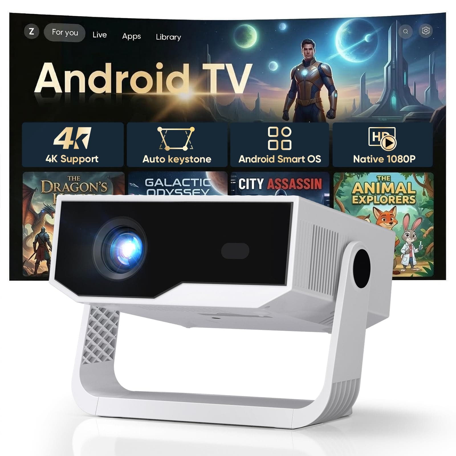 [2026 Version Améliorée] Android 14 Videoprojecteur 4K &1080P 500 ANSI Lumens WiFi et Bluetooth Focus électronique Correction à 270 Degrés Retroprojecteur Portable pour HDMI/TV Stick/Laptop