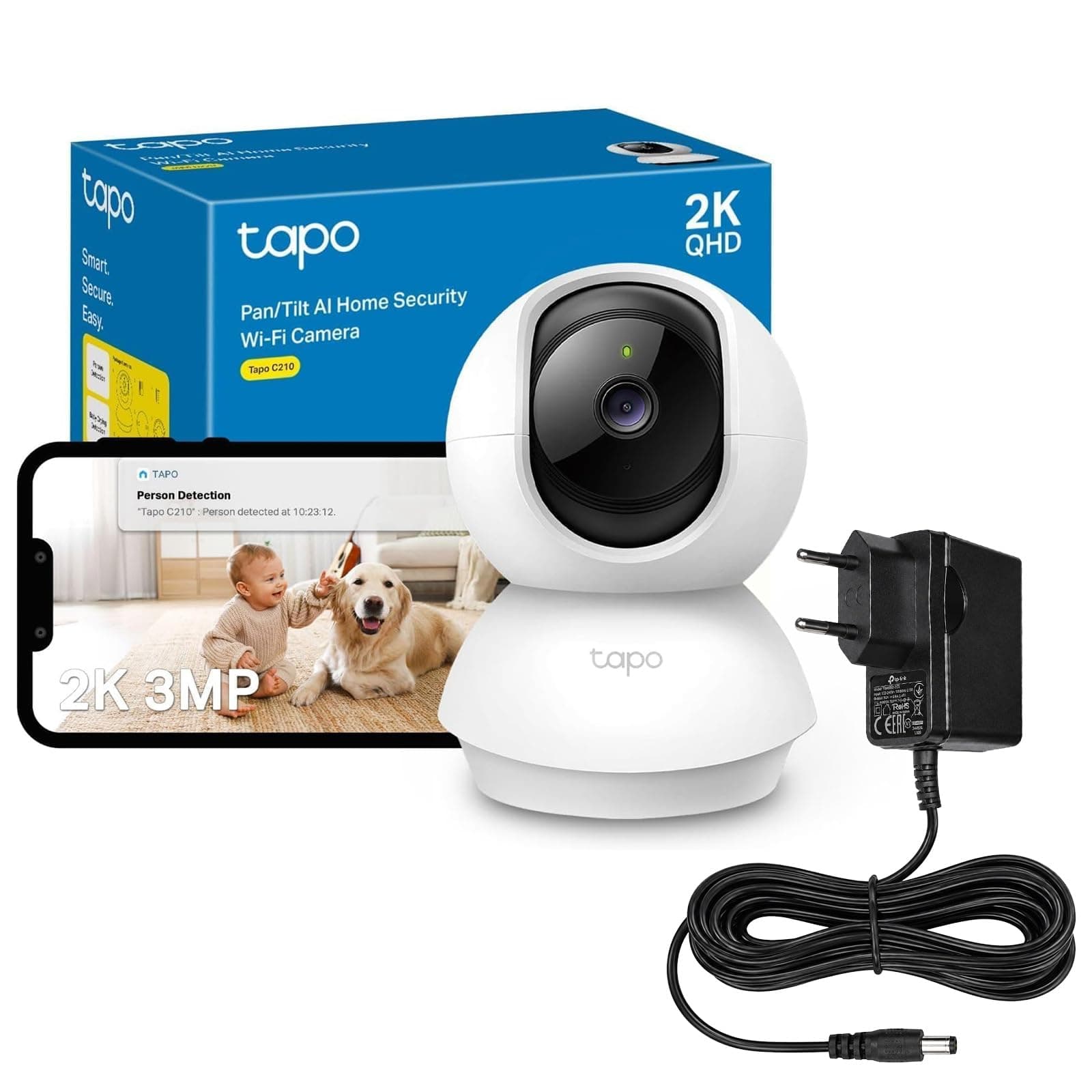 Tapo 2K Camera Interieur WiFi 360° Intelligente Connectée,C210 | Détection Pleurs de Bébé,Vision Nocturne,Audio Bidirectionnel,Stockage Cloud&microSD 512 Go,Alexa & Google Assistant