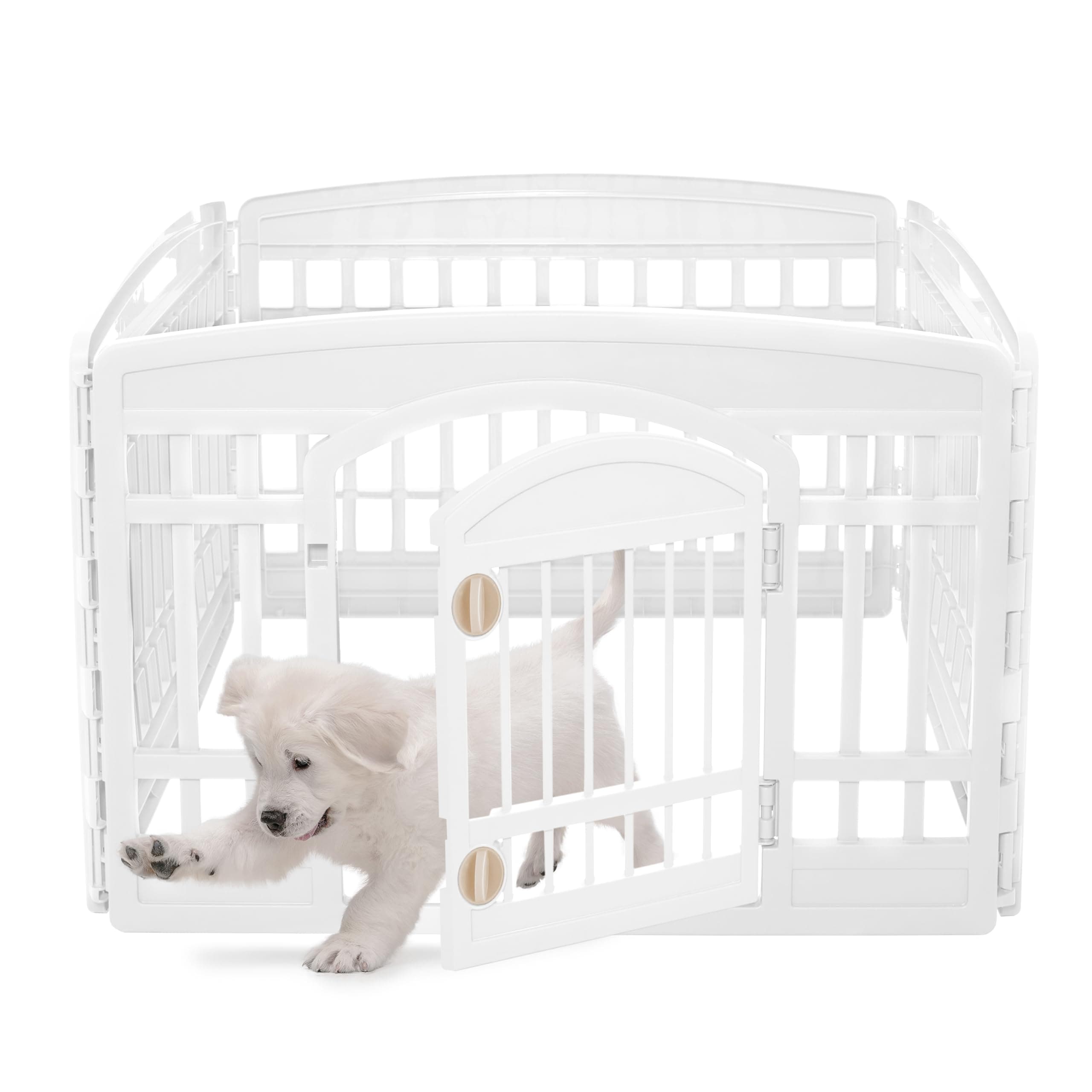 Iris Ohyama Welpenauslauf mit 4 Paneelen und abschließbarer Tür, H60cm, Weiß, Katzengehege, Hundebox, Für Outdoor, Indoor, Welpenlaufstall, Hundezaun, Welpenzaun, Laufstall Hund, CI-604E WD