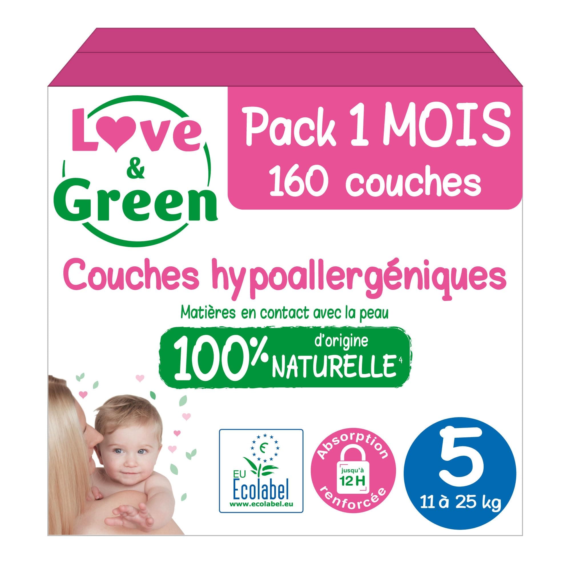 Love & Green - Couches Bébé Saines et Ecologiques - Taille 5 (11-25 Kg) - Pack 1 Mois (160 Couches) - Absorbante, anti-fuites et sans ingrédients indésirables