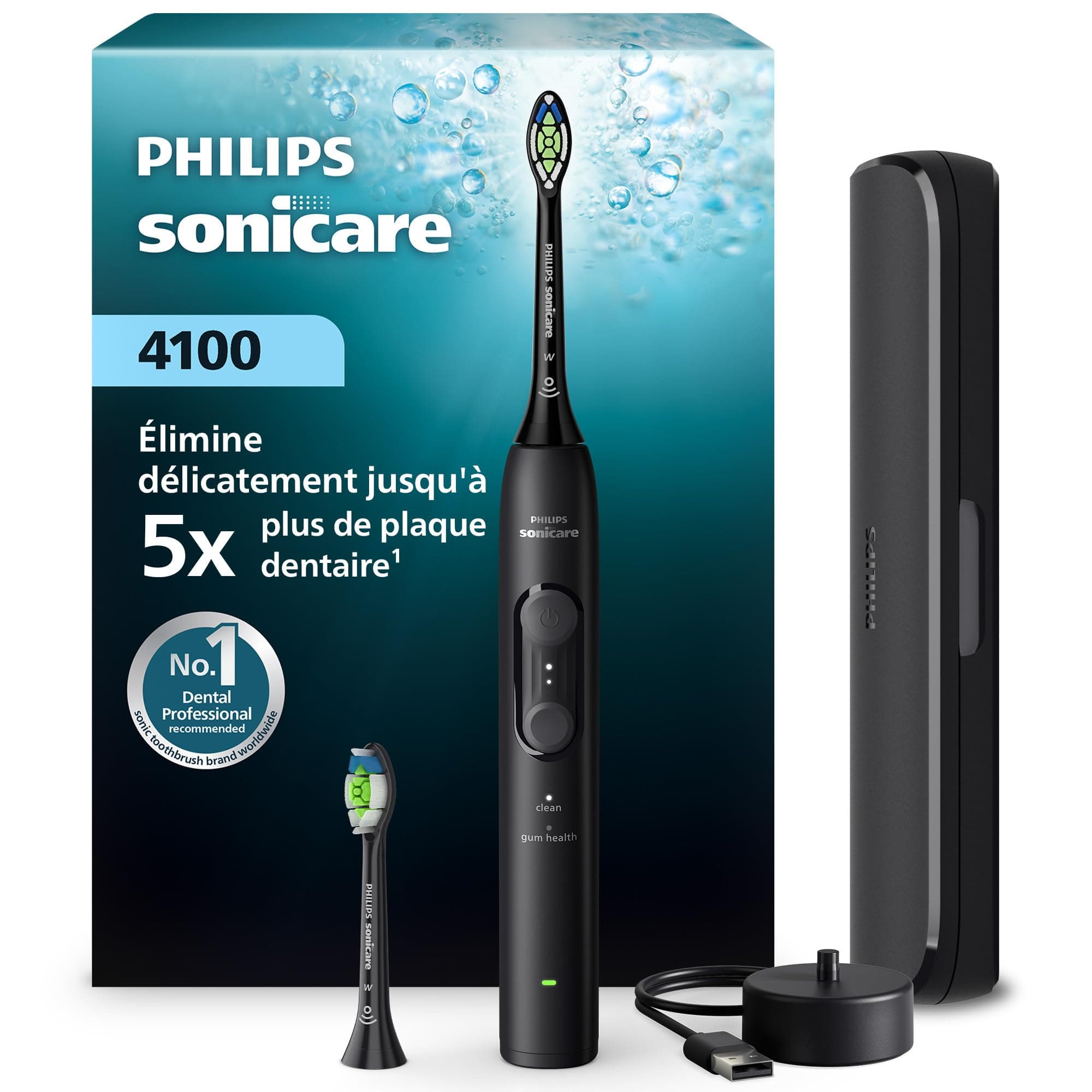 Brosse à dents électrique sonique Philips Sonicare série 4100 – capteur de pression, 4 réglages, EasyStart, SmarTimer, 21 jours d’autonomie, étui de voyage, coloris noir, modèle HX4044/52, [Nouveau]