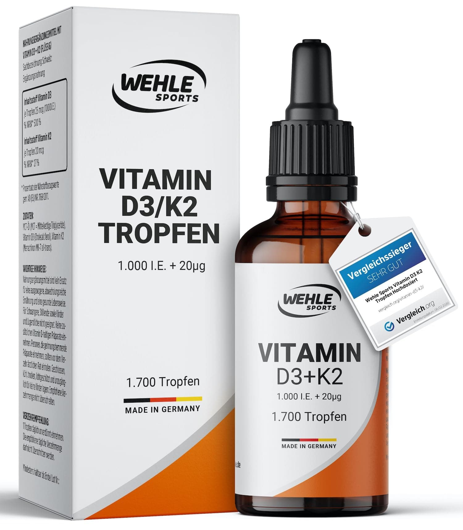 Vitamin D3 K2 Tropfen Hochdosiert [1000 IE] - Vit D3 K2 Hochdosiert - Vitamin D3 K2 1000 IE - 50ml 1700 Tropfen - LABORGEPRÜFT Wehle Sports® - Verpackung kann variieren