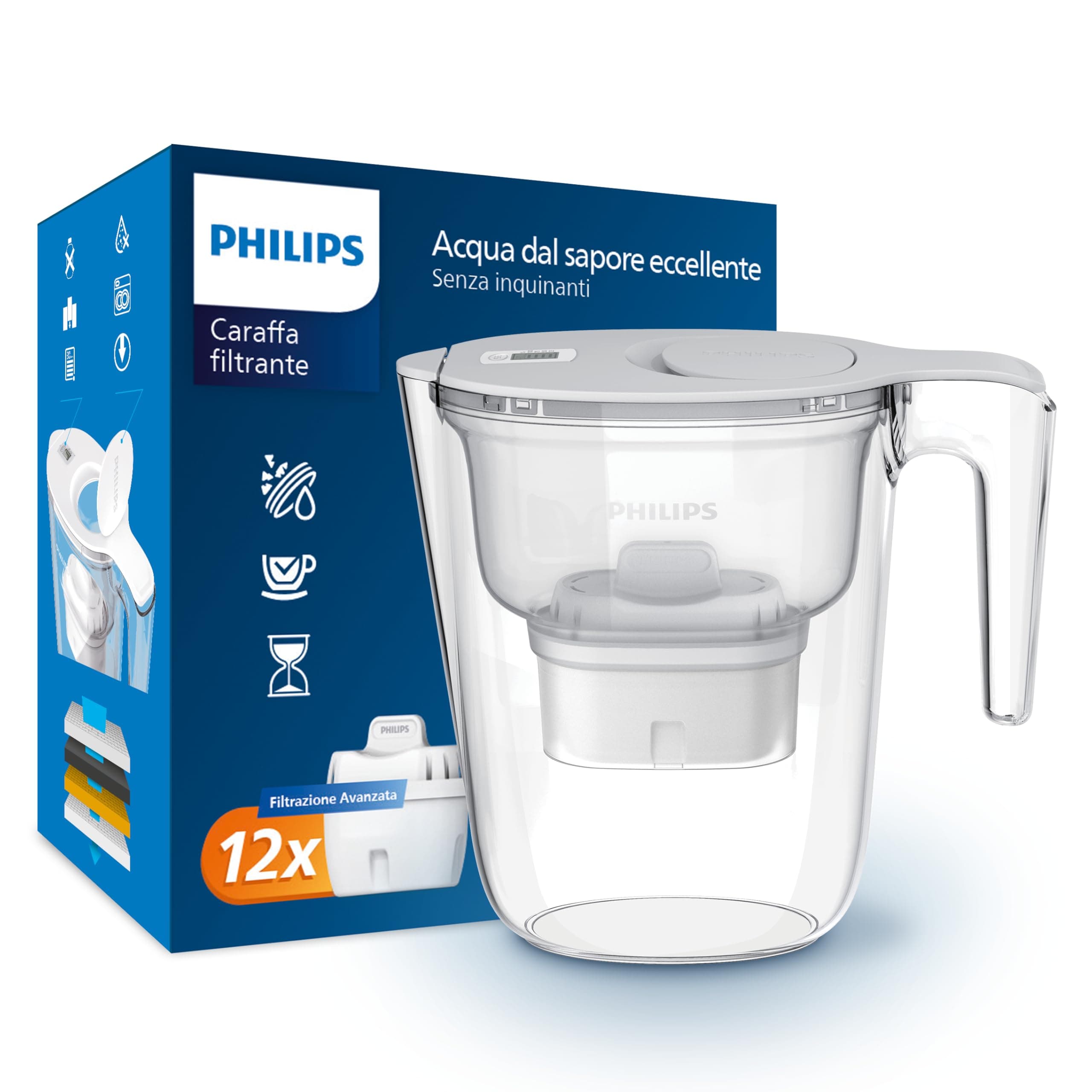 Philips Water Caraffa filtrante + 12 cartucce filtranti di ricambio, Filtrazione Avanzata, flusso rapido, timer elettronico, filtra CLORO, CALCARE, METALLI PESANTI e MICROPLASTICHE, BIANCO, 2.6 litri