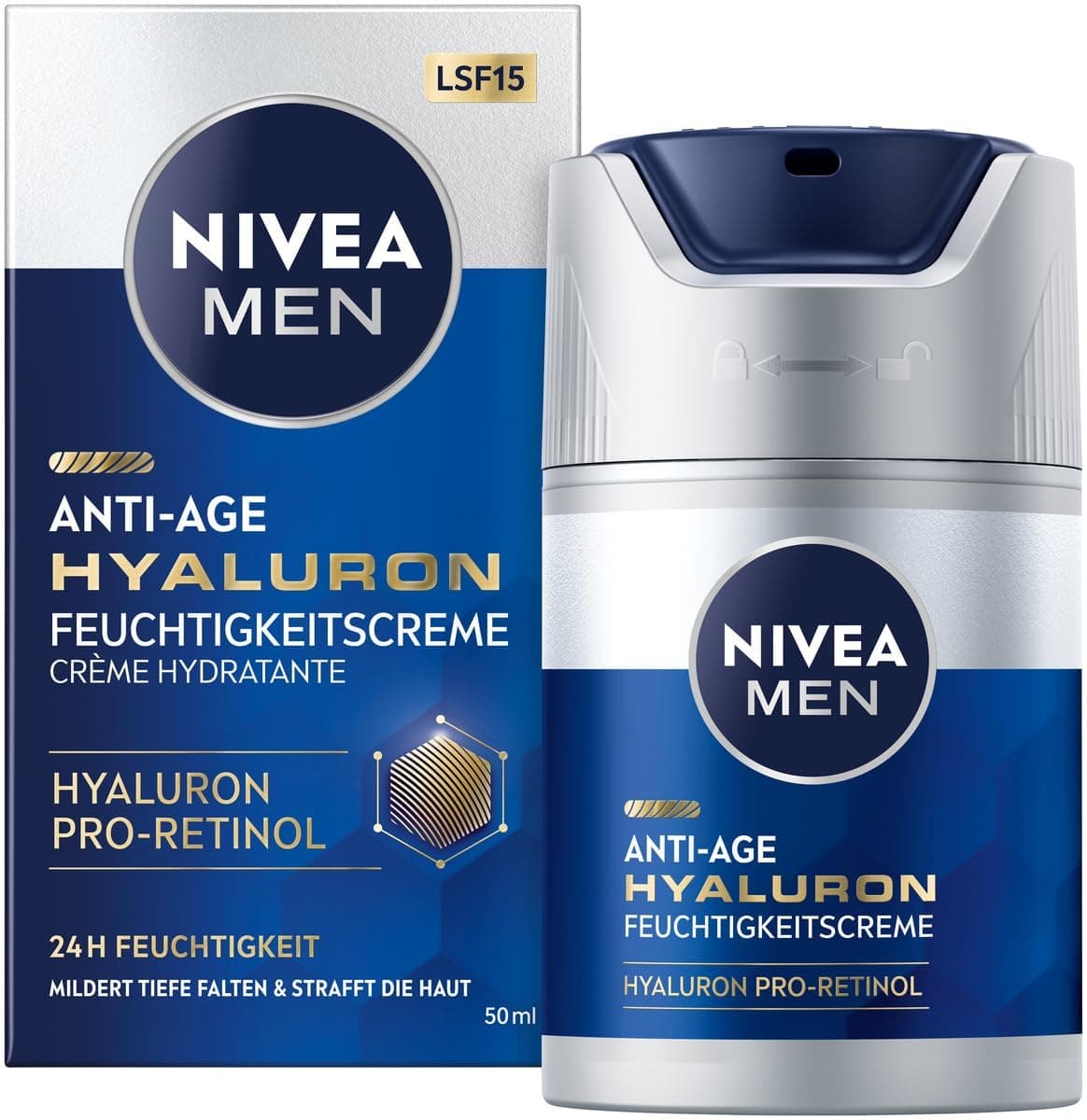 NIVEA MEN Anti-Age Hyaluron Feuchtigkeitscreme, Gesichtspflege für Männer mit Hyaluron, Pro-Retinol und LSF 15, Gesichtscreme für 24h Feuchtigkeit und sichtbare Faltenmilderung (50 ml)
